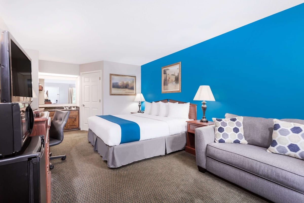 Een hotelkamer met een bed, een bank, een bureau met een televisie en een kitchenette.