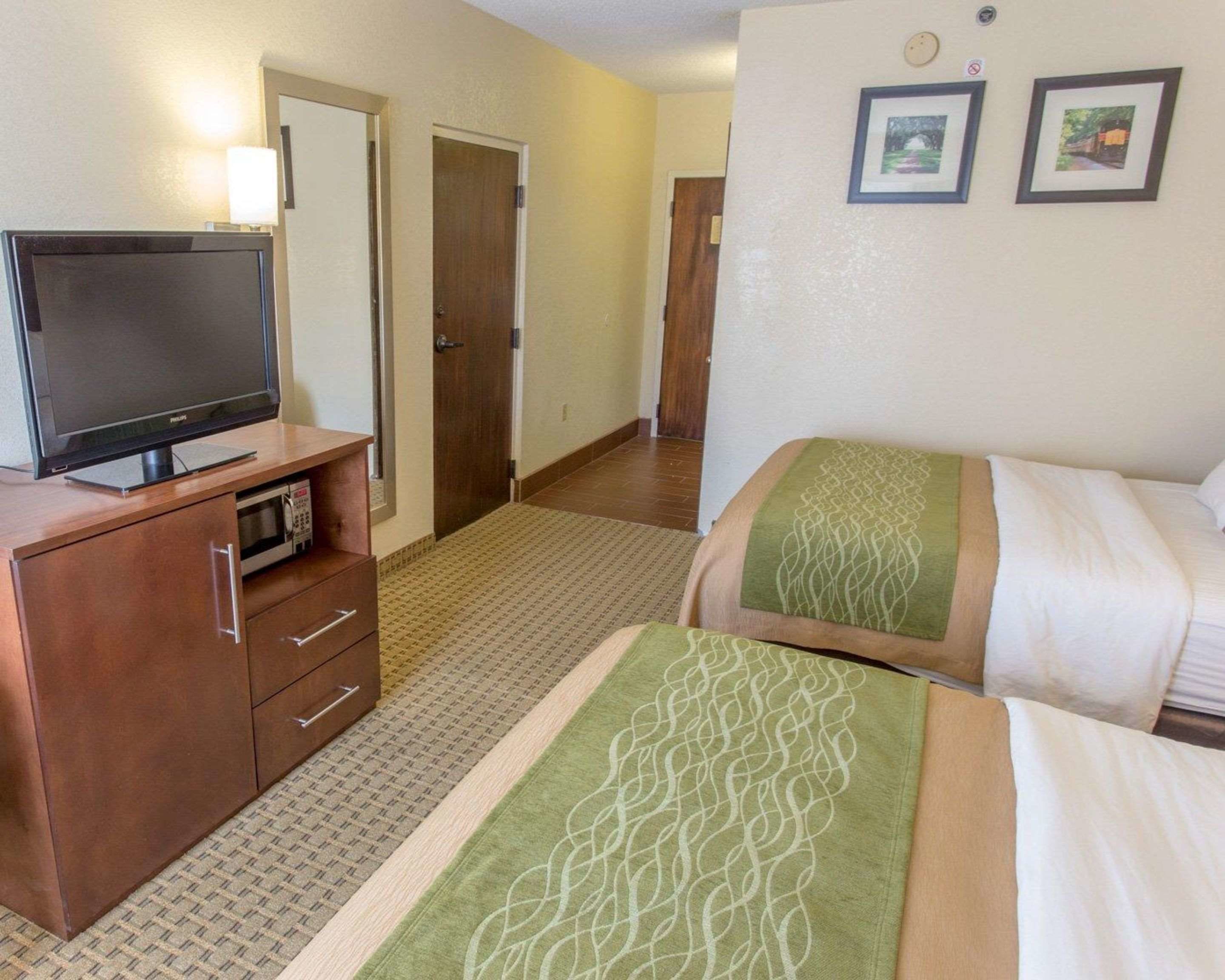 Camera d'hotel con televisione su un mobile in legno, due letti con biancheria verde e bianca, un tappeto a motivi decorativi e due quadri appesi al muro.