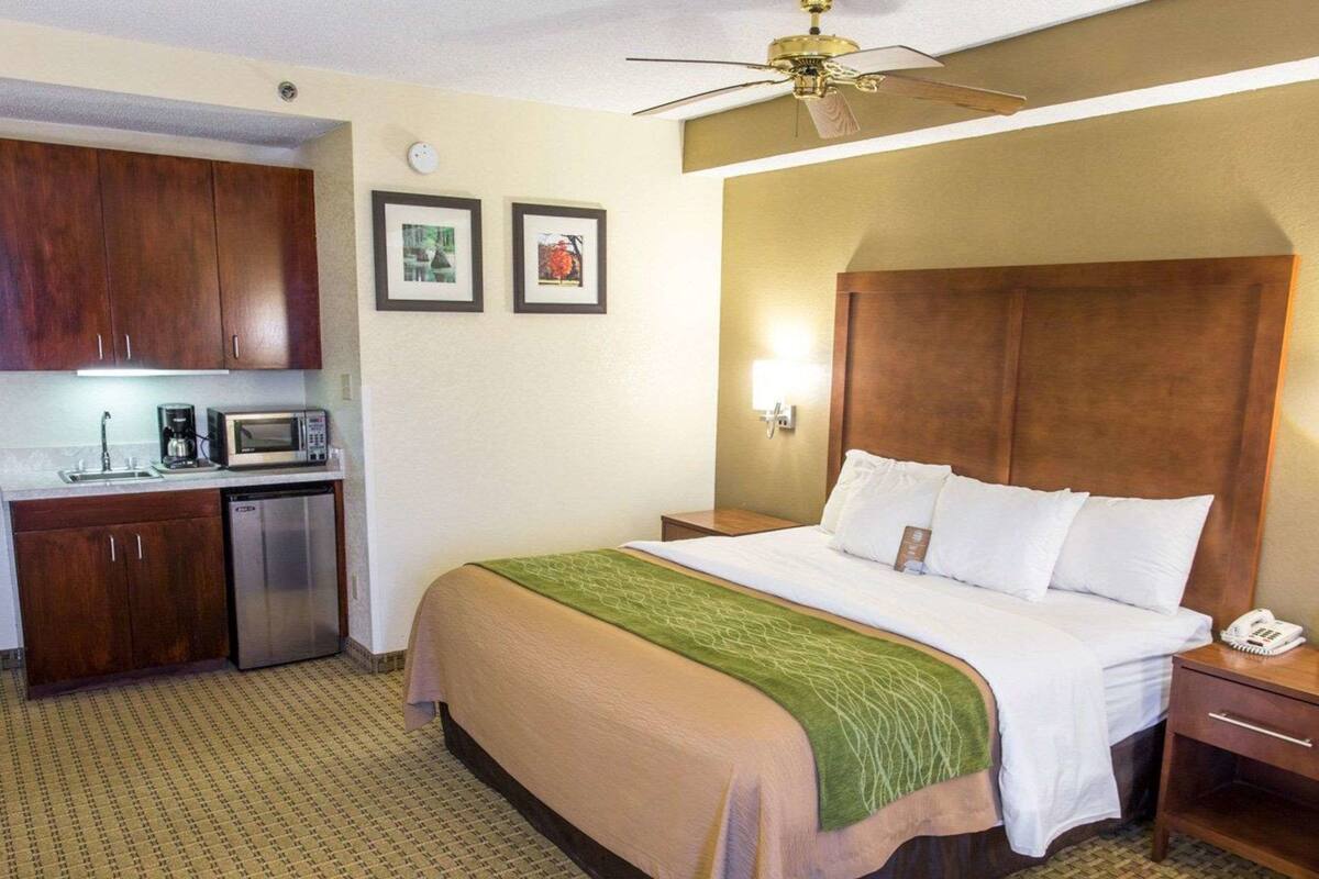 Premium bedding, desk, blackout drapes, iron/ironing board