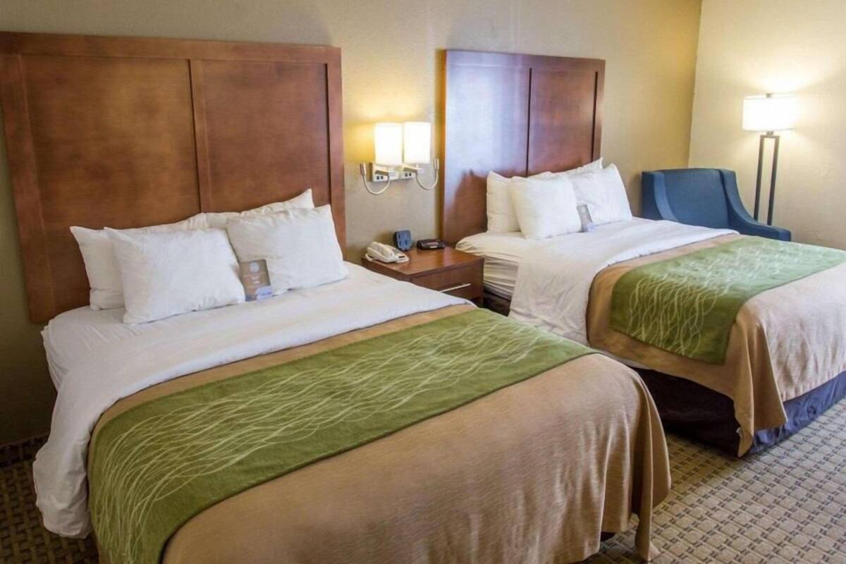 A hotel room with two beds, a nightstand with a phone, a lamp, and a chair.