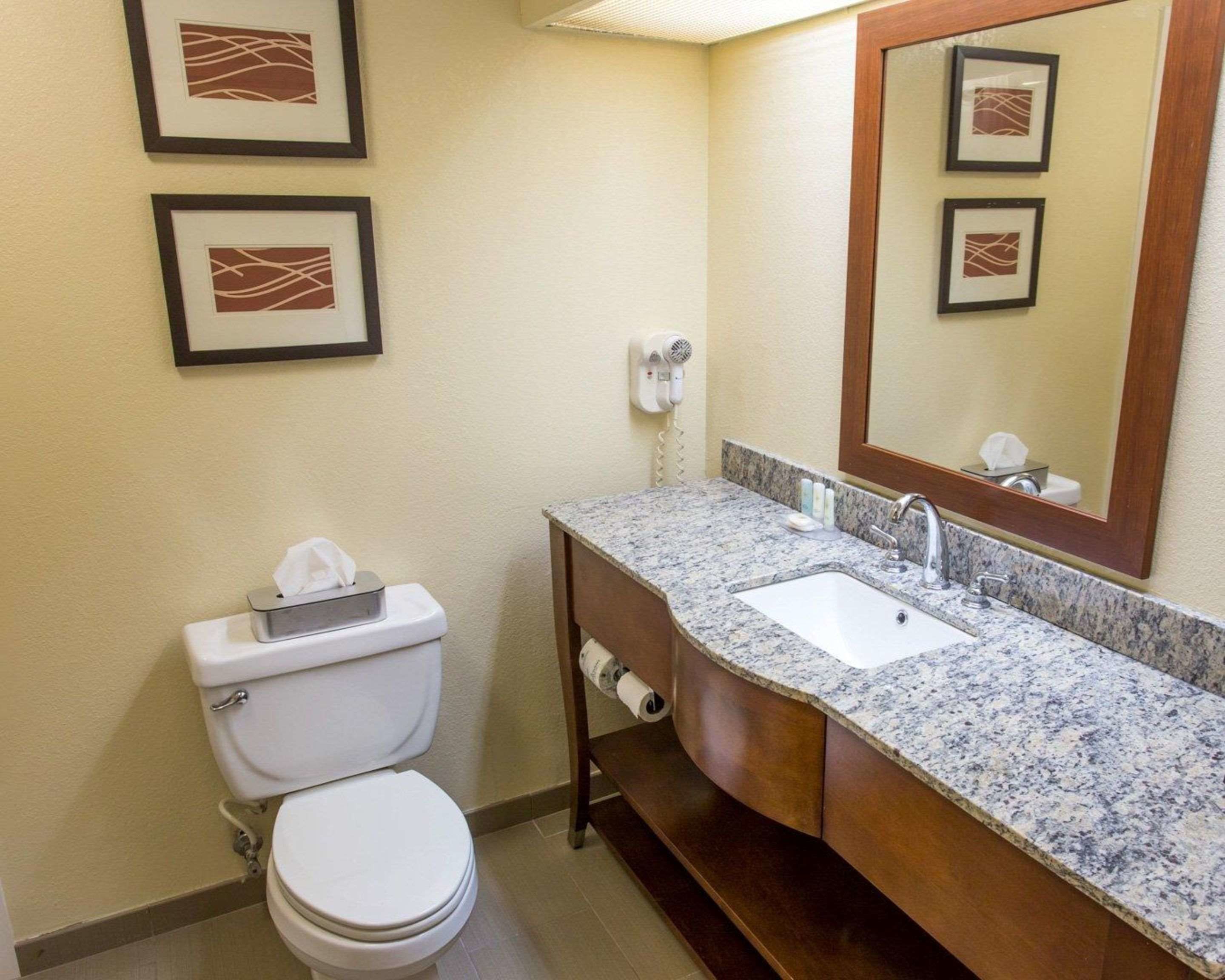 A bathroom with a toilet, sink, and mirror. There are framed pictures on the wall.