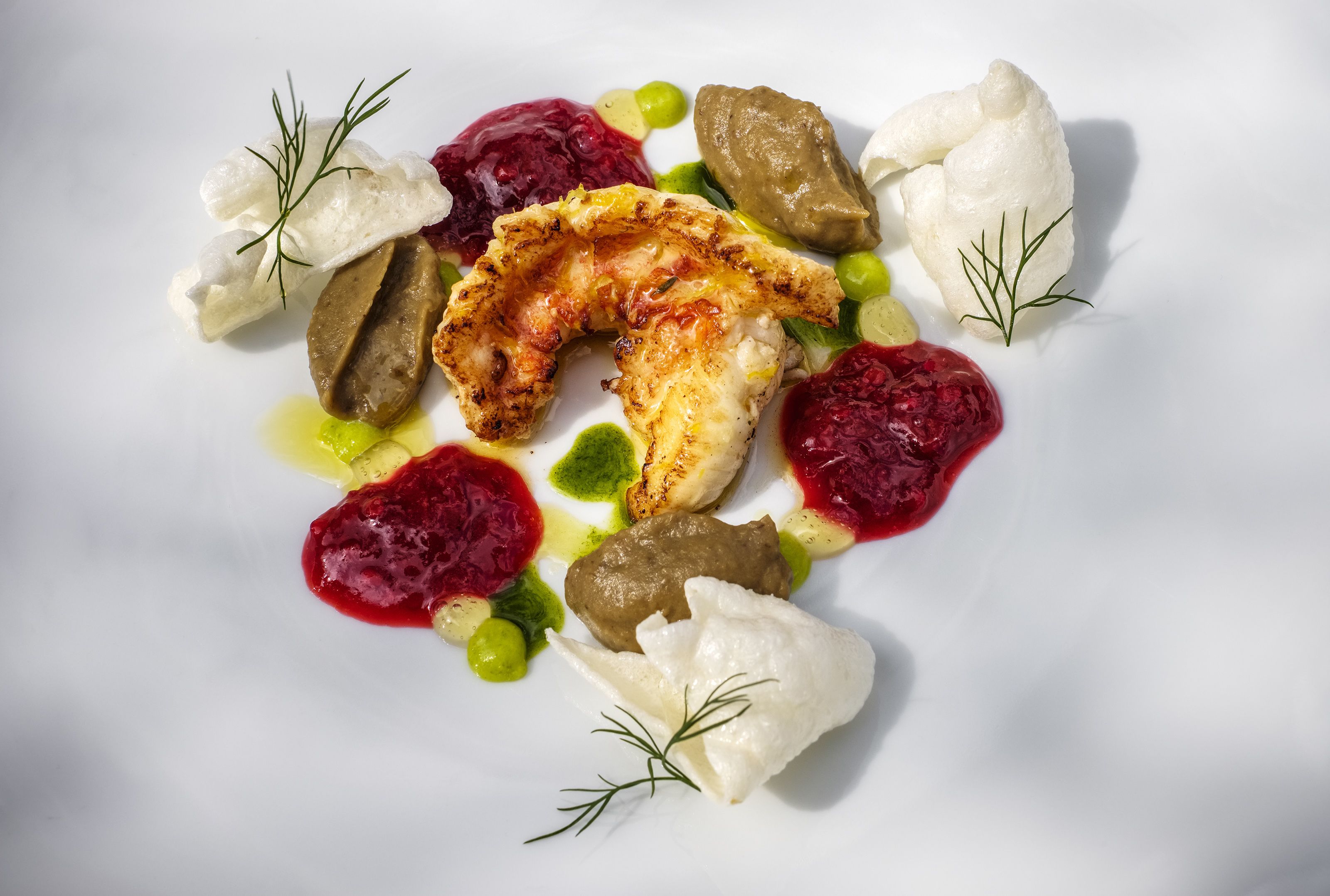 A white plate with various food items including a piece of grilled fish, peas, and sauces.