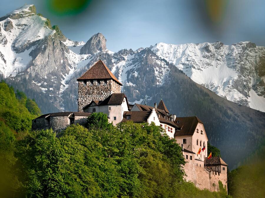 A historic stone castle with multiple buildings, surrounded by lush greenery and snow-capped mountains in the background.