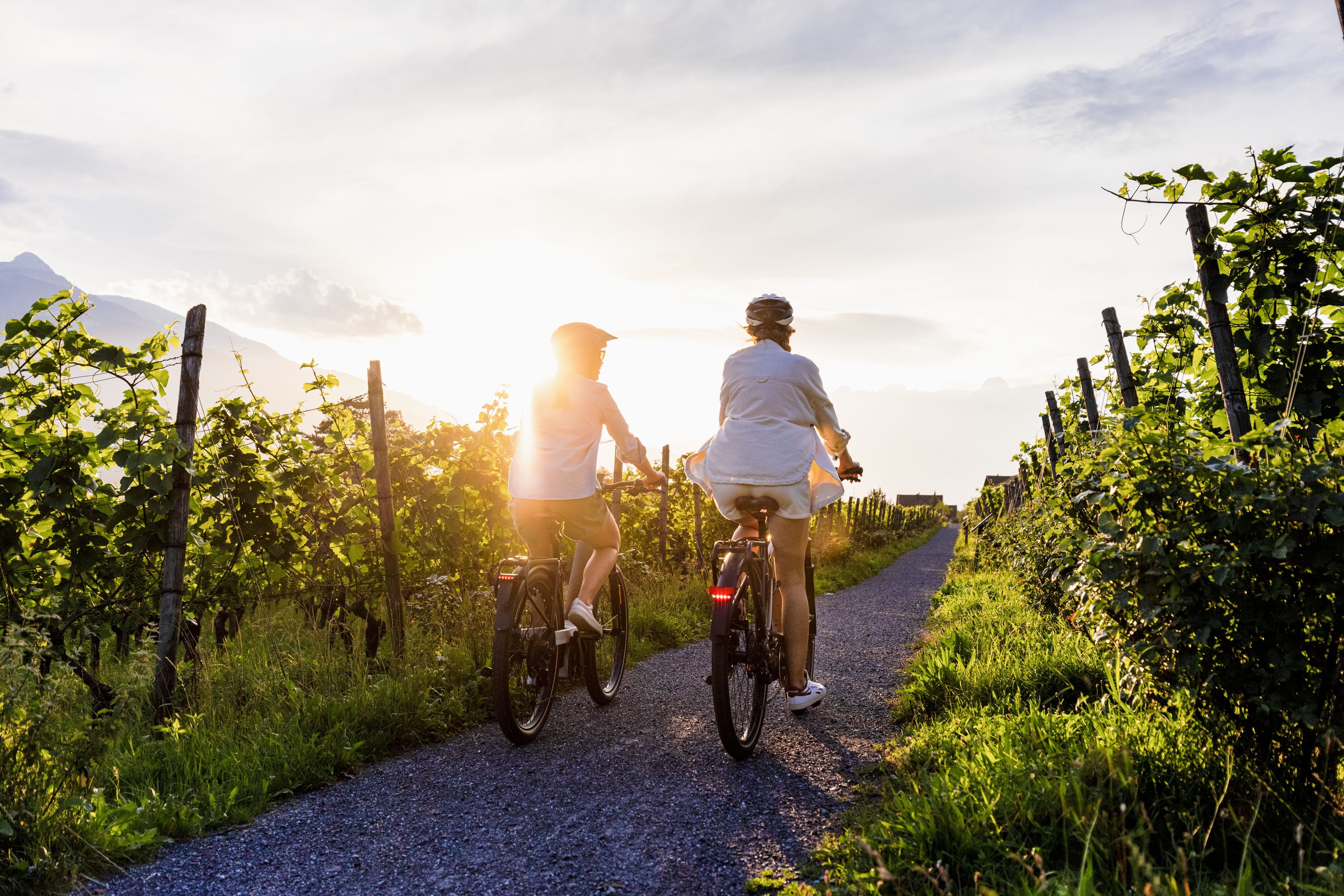 Two people riding bicycles on a gravel path surrounded by greenery and a fence.