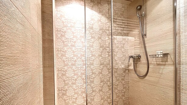 Une douche moderne dotée d’une porte en verre, d’un pommeau de douche à main et de commandes murales.
