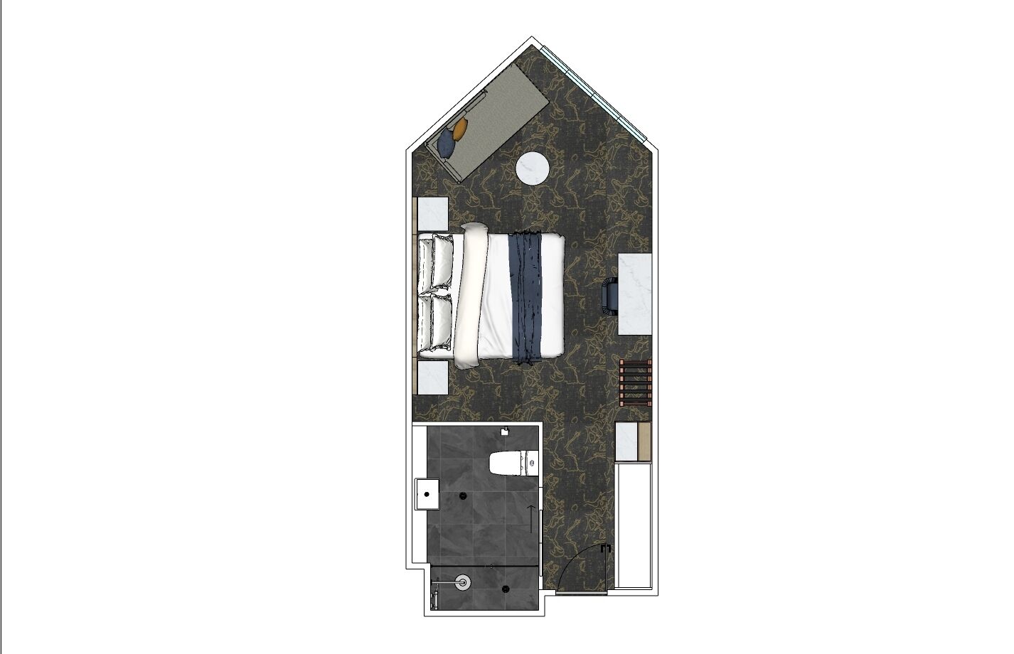 A bedroom with a bed, a bathroom with a toilet and sink, and a small sitting area with a chair and table.