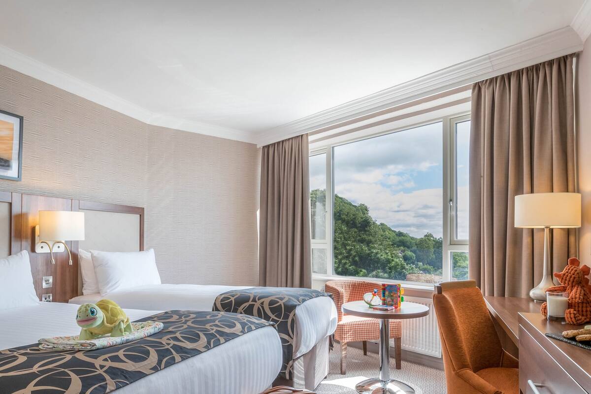 Habitación de hotel con dos camas, una mesa de comedor, una silla, un televisor y un balcón con vistas panorámicas.