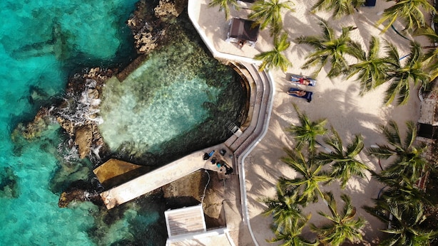 An aerial view of a beach with clear turquoise water, a white sandy shore, and palm trees. - Cozumel Hotel & Resort (Cozumel)