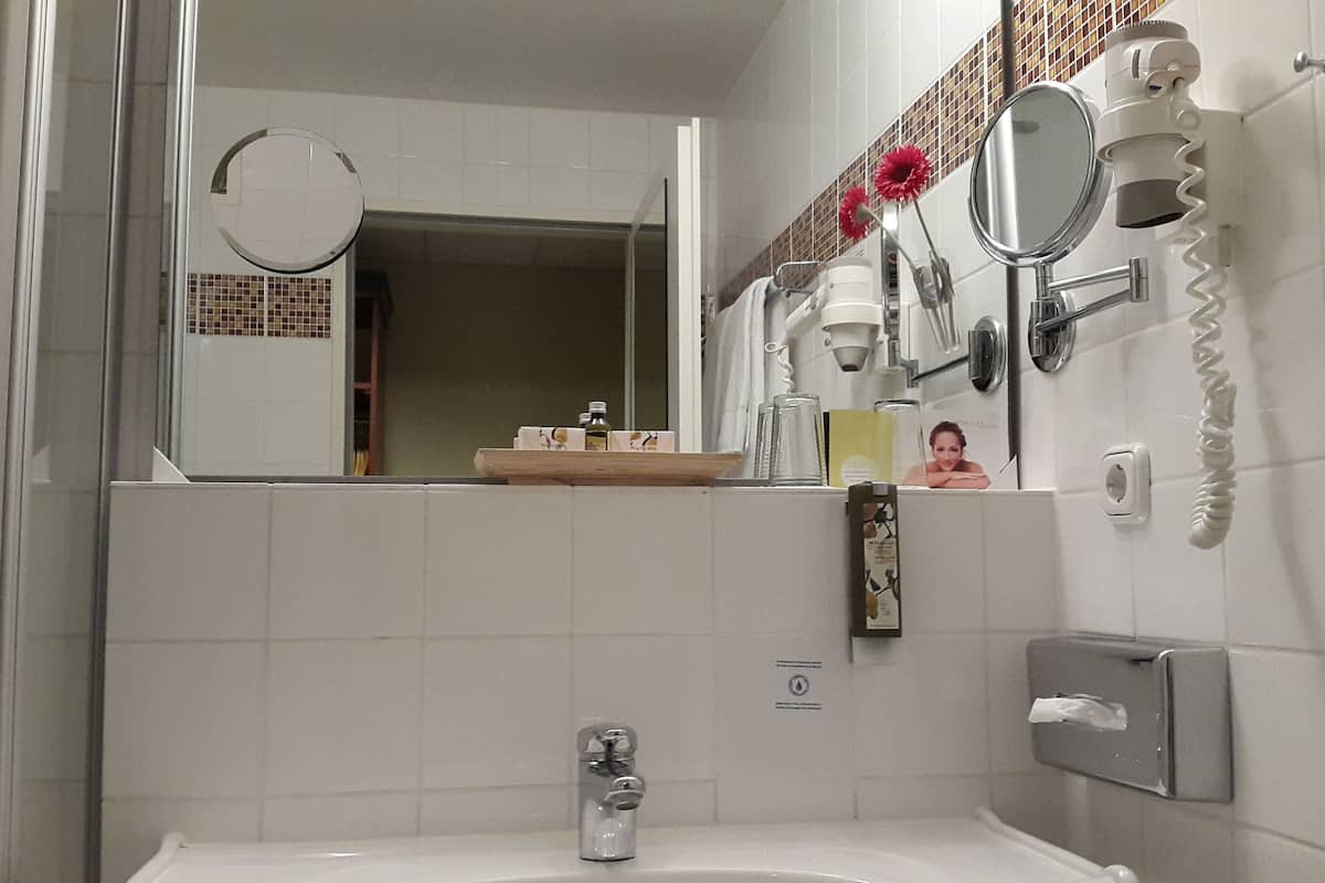 shower, free toiletries, hair dryer, towels