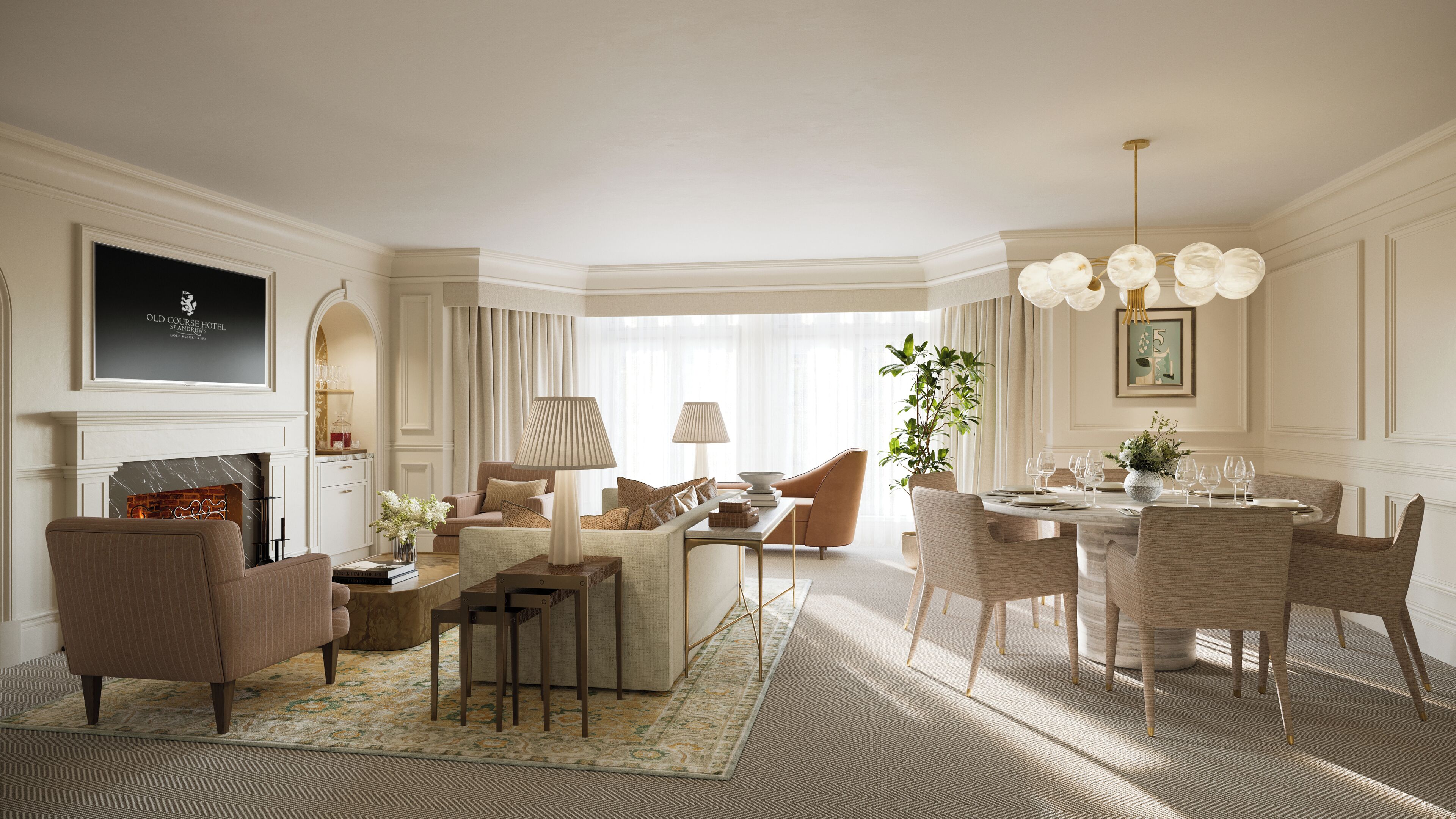 A well-appointed hotel room with a fireplace, a dining area, and a seating area with a sofa and armchairs.