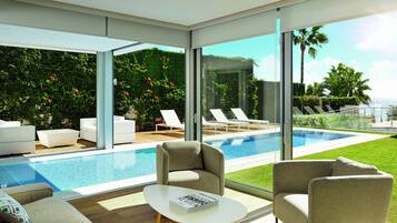 Villa, 5 habitaciones, vista parcial al mar | Ropa de cama de alta calidad y minibar