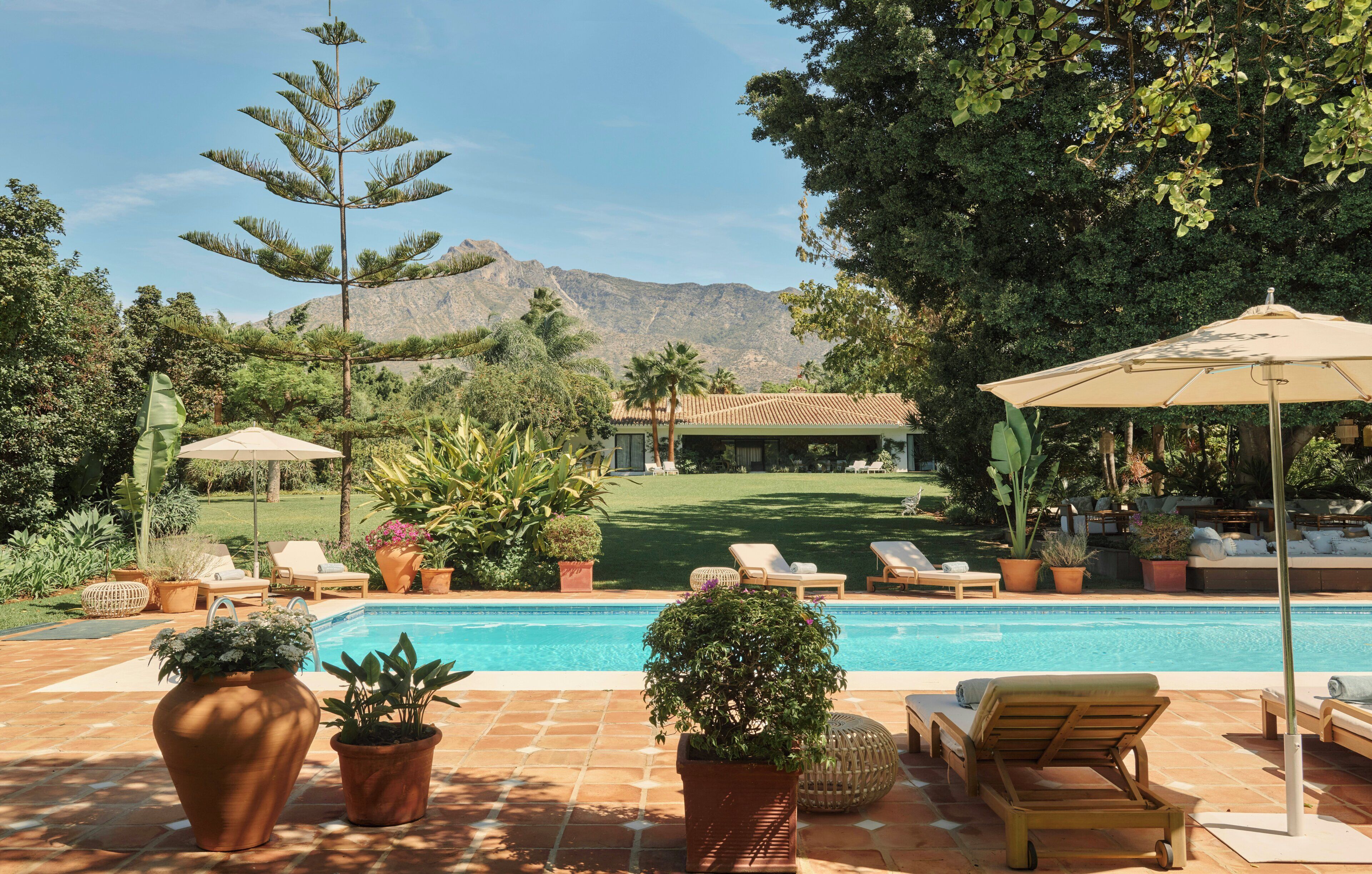 Une piscine avec des chaises longues et des plantes en pot.