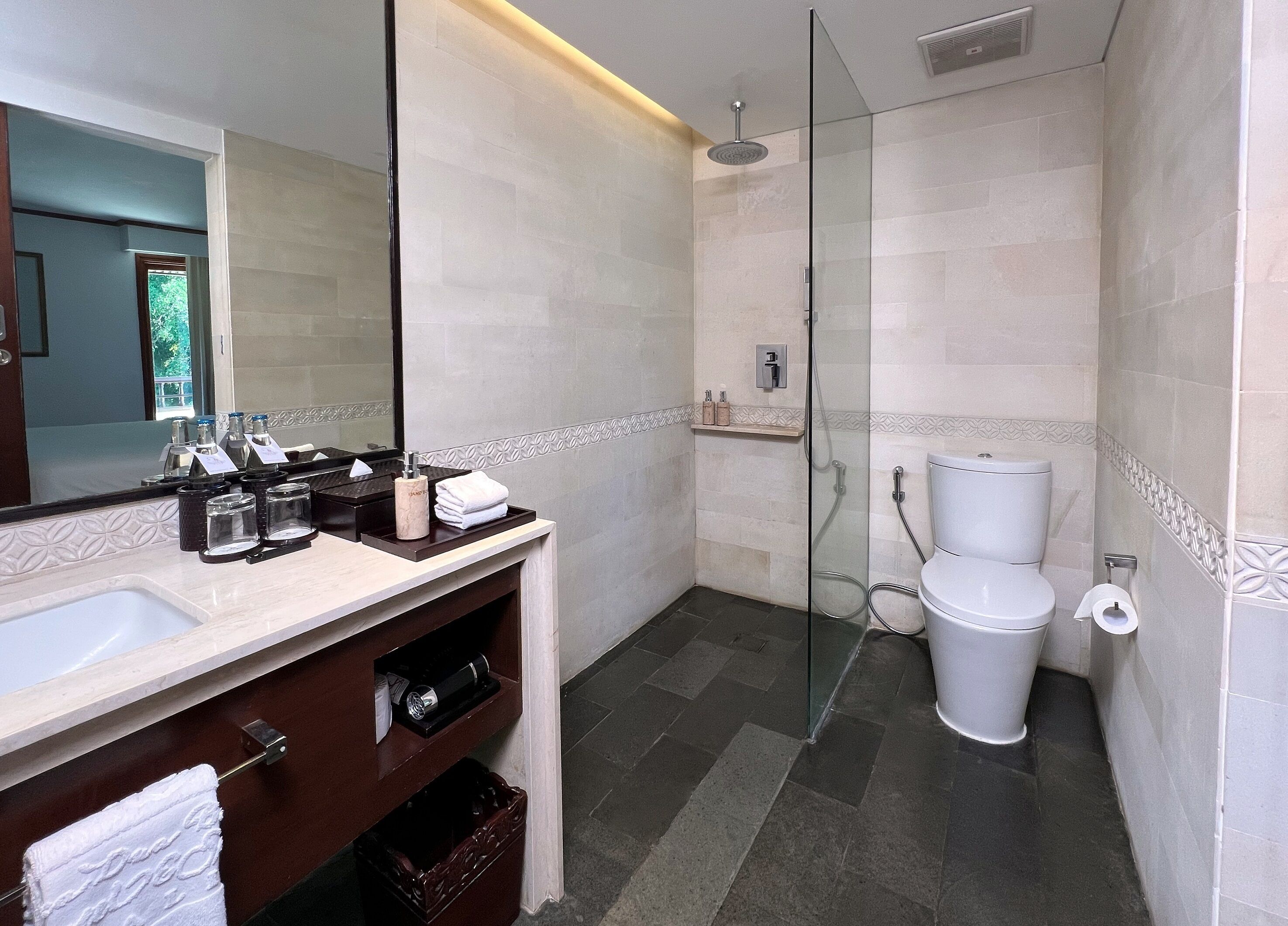 A modern bathroom with a glass shower enclosure, a white toilet, and a vanity with a mirror and toiletries.