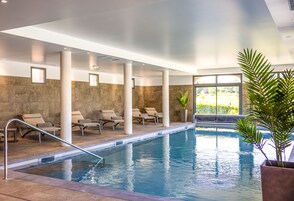 Piscina interior con sillas de descanso y una planta en maceta.