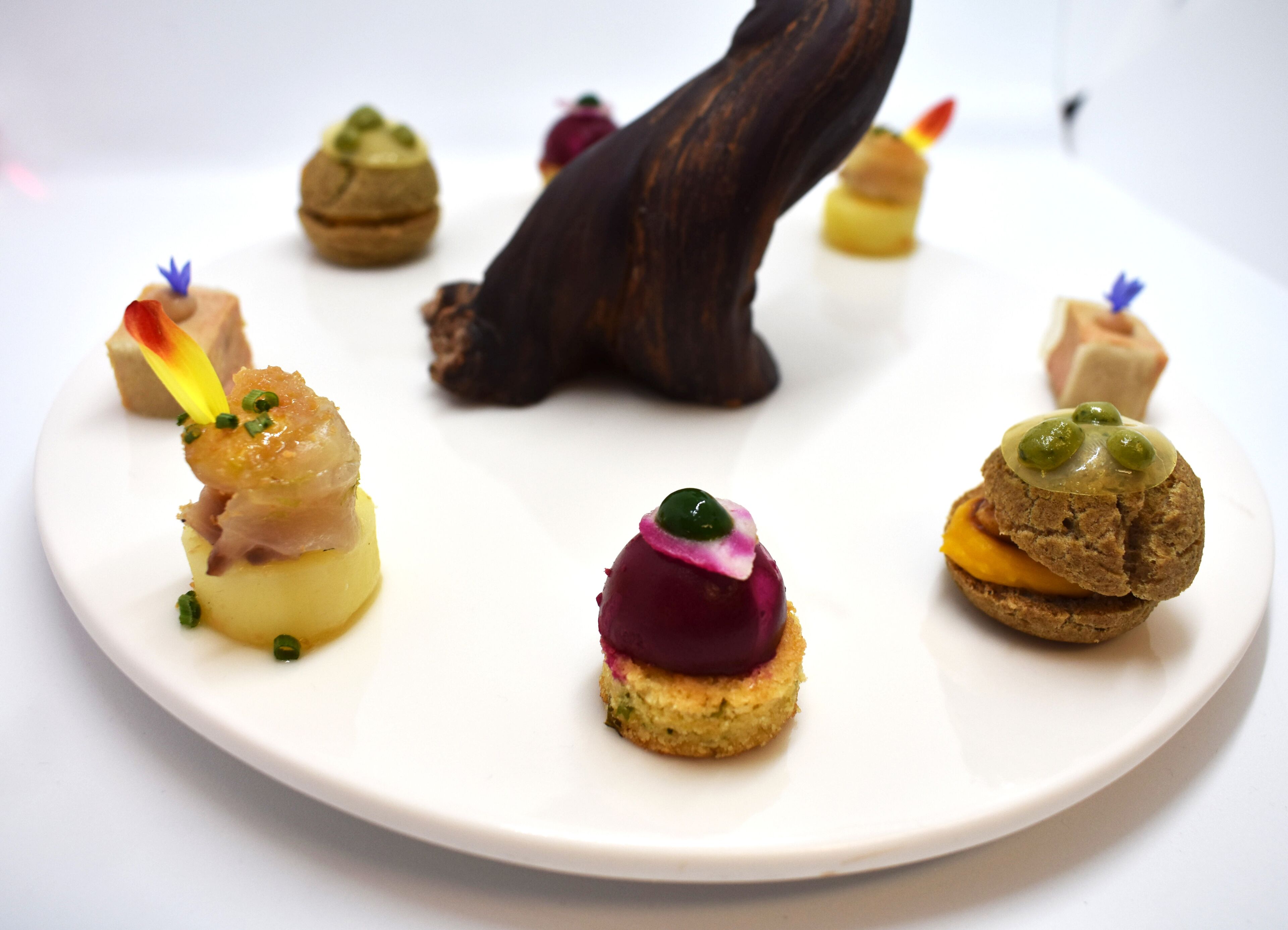 Un plato blanco con diversos alimentos, incluyendo una porción con cobertura verde y otra con cobertura roja.