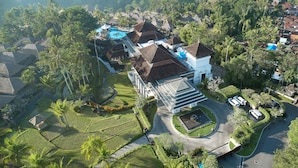 An aerial view of a residential area with houses, a swimming pool, and lush greenery.