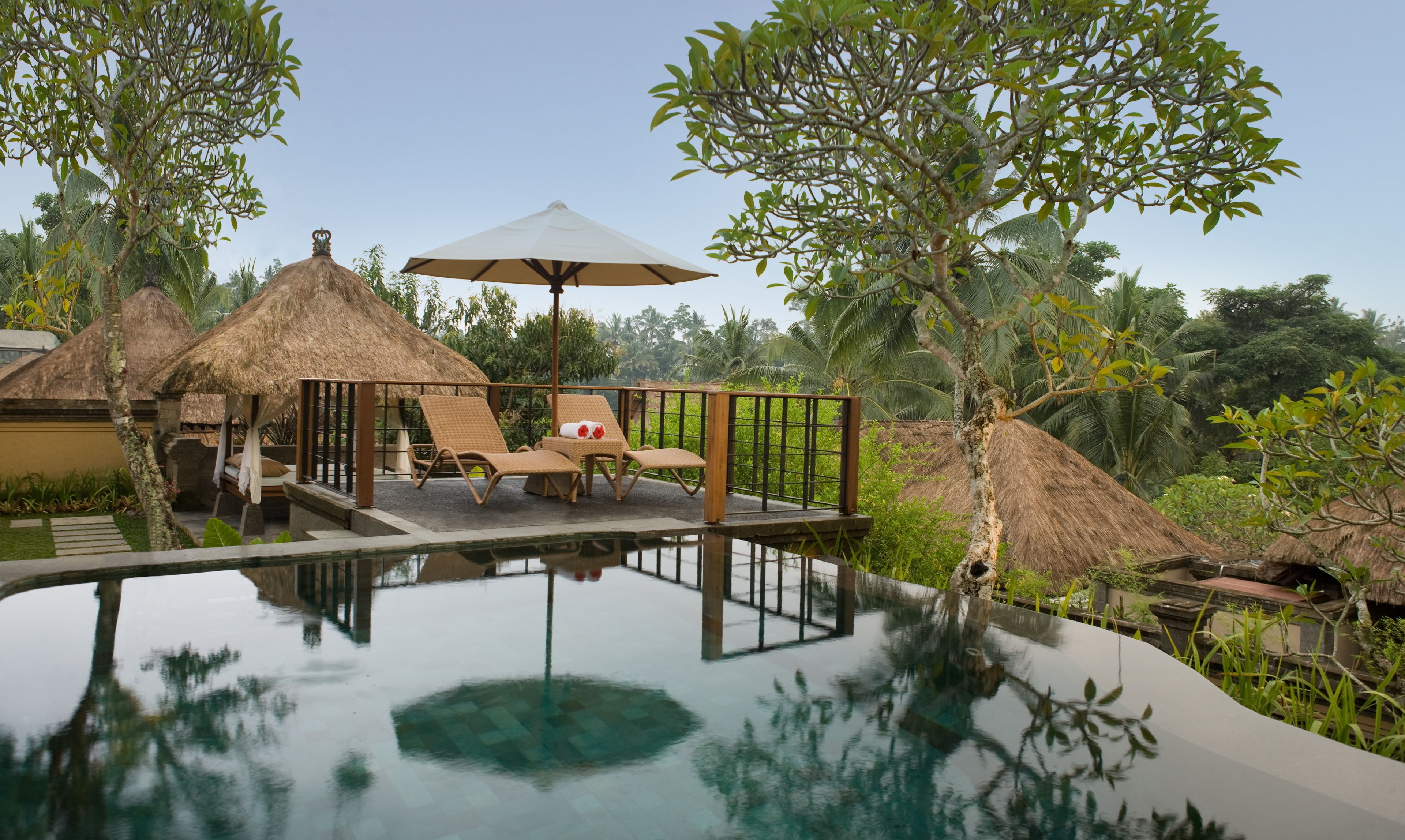Zona junto a la piscina con sillones de descanso y una estructura de techo de paja, rodeada de abundante vegetación.