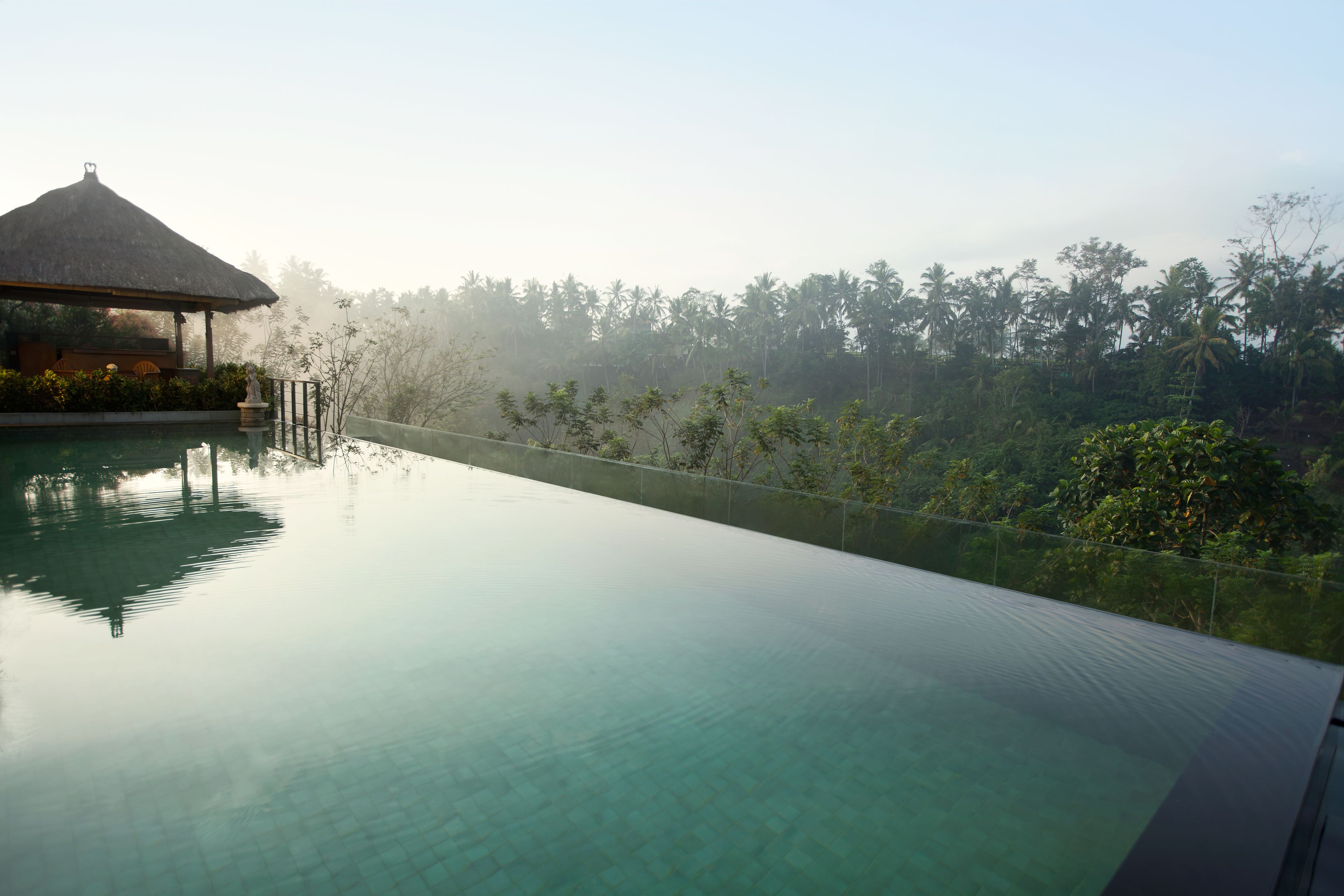 A clear view of an infinity pool with a thatched-roof structure and lush greenery in the background.