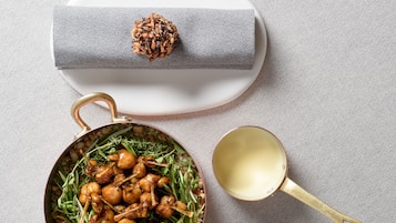 Una ciotola di pollo cotto con erbe aromatiche, una mestola dorata e una scatola grigia a trama, con una noce sopra.