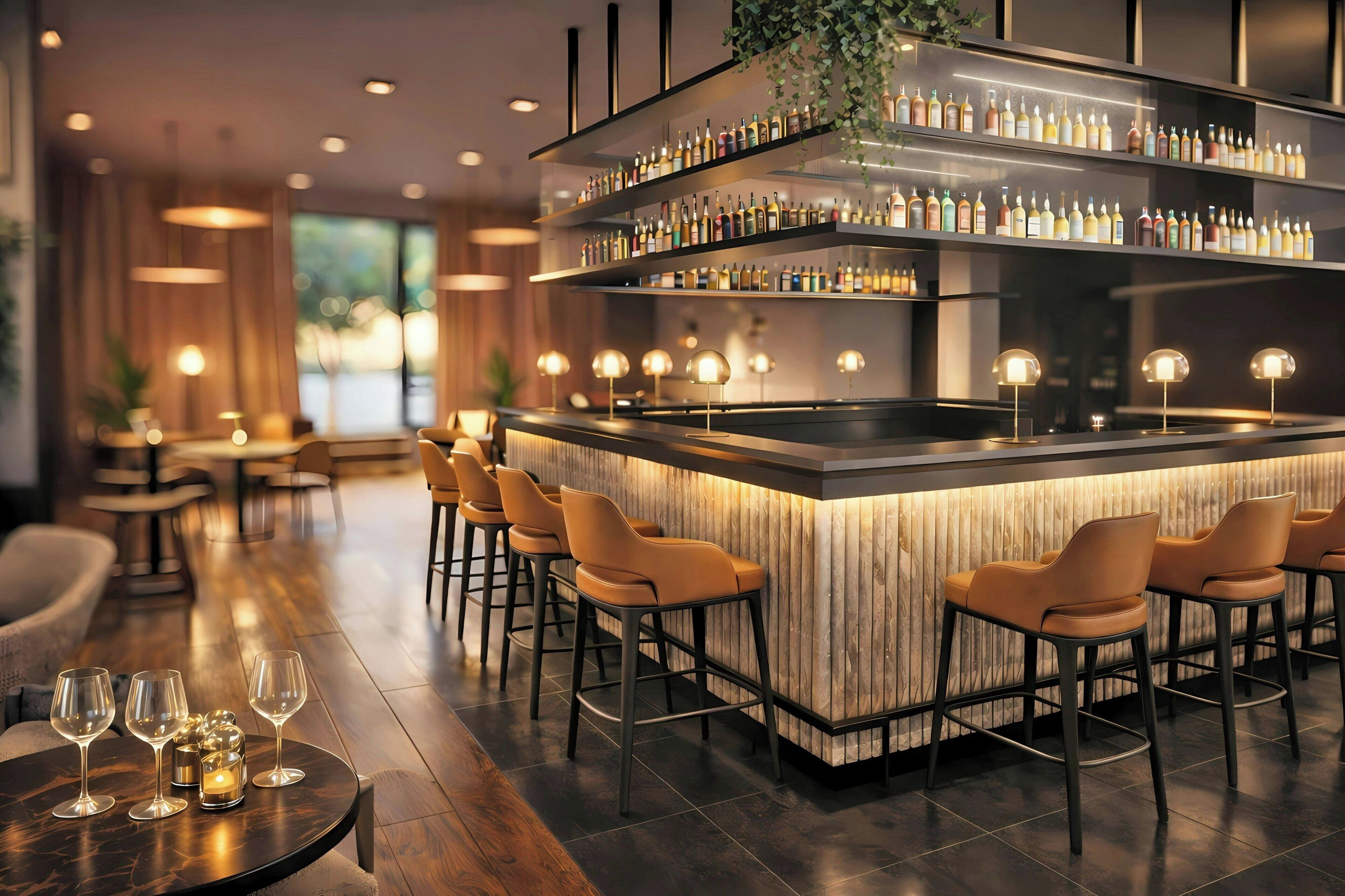 A bar area with a central island, bar stools, and a variety of bottles on shelves.
