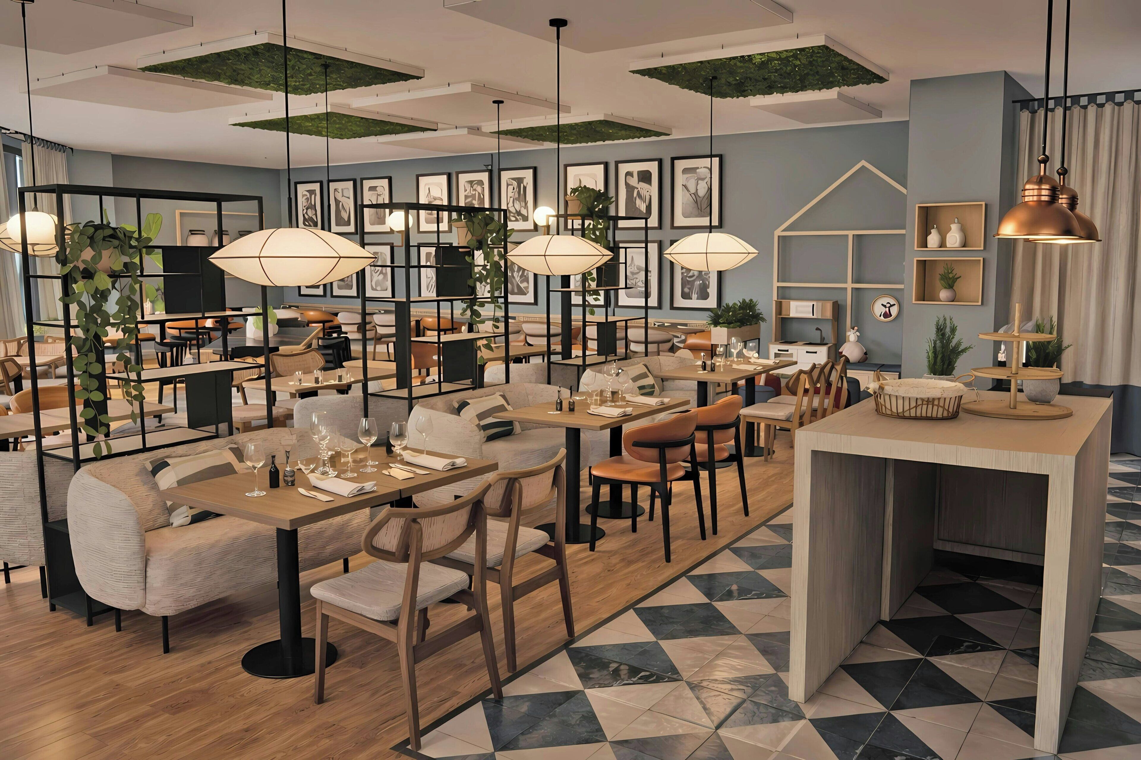 Ein modernes Restaurantambiente mit verschiedenen Essbereichen, Pendelleuchten und Wandbildern.