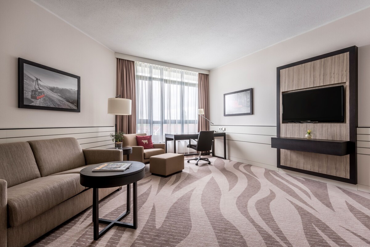 Une chambre d’hôtel équipée d’un canapé, d’un bureau, d’une chaise, d’une télévision et d’un tapis à motifs.