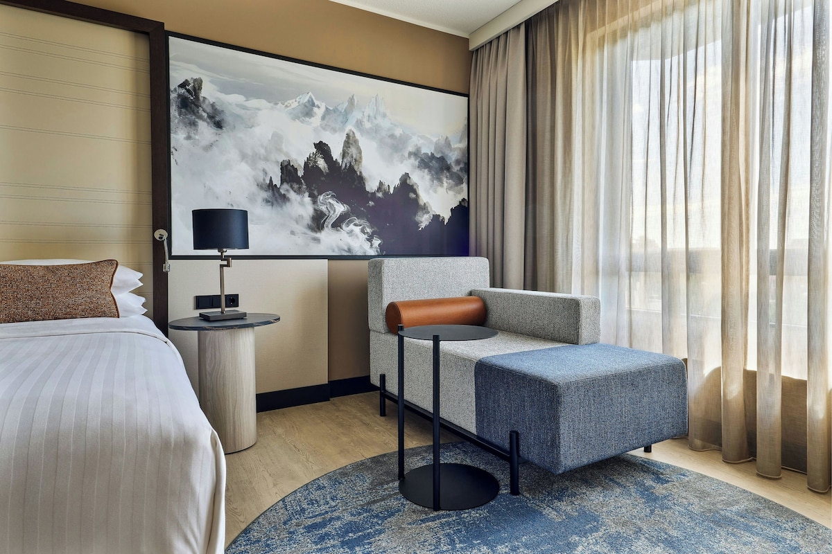 Une chambre d’hôtel avec un lit, un coin salon comprenant une chaise et une petite table, un tableau représentant des montagnes accroché au mur, et une fenêtre avec des rideaux.