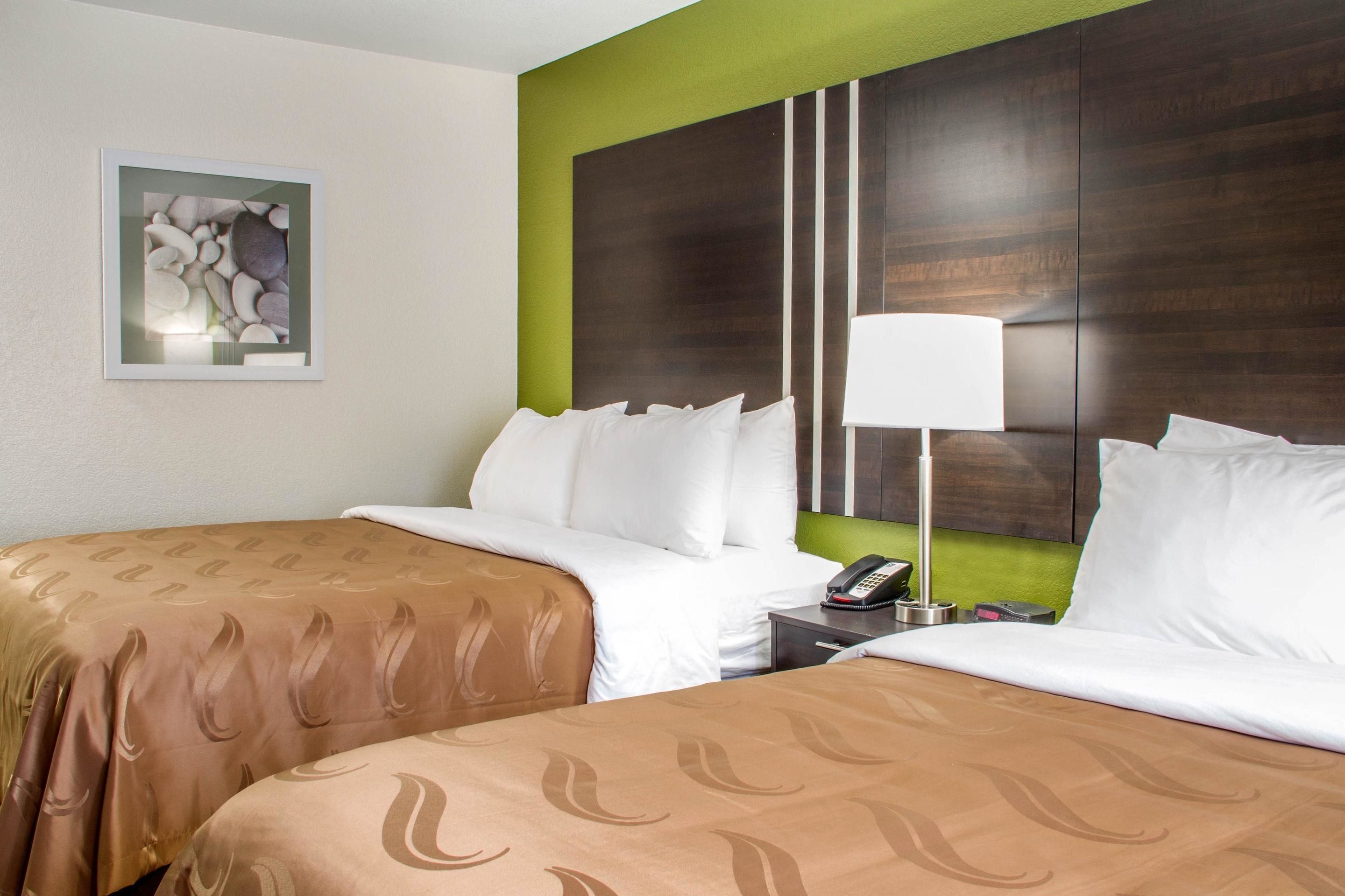 A hotel room with two beds, a green accent wall, a framed picture, and a bedside lamp.