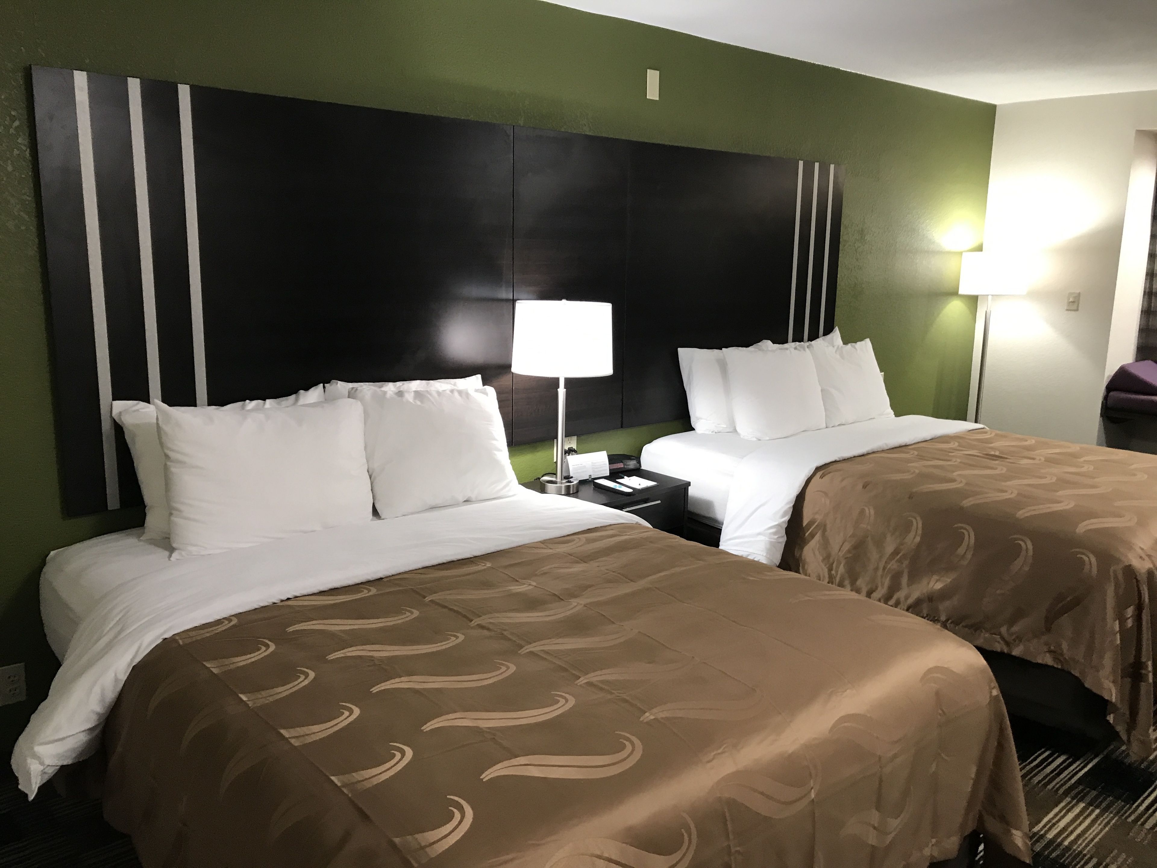 A hotel room with two beds, each with white bedding and a brown patterned bedspread. There are two bedside tables with lamps, and the walls are painted green.