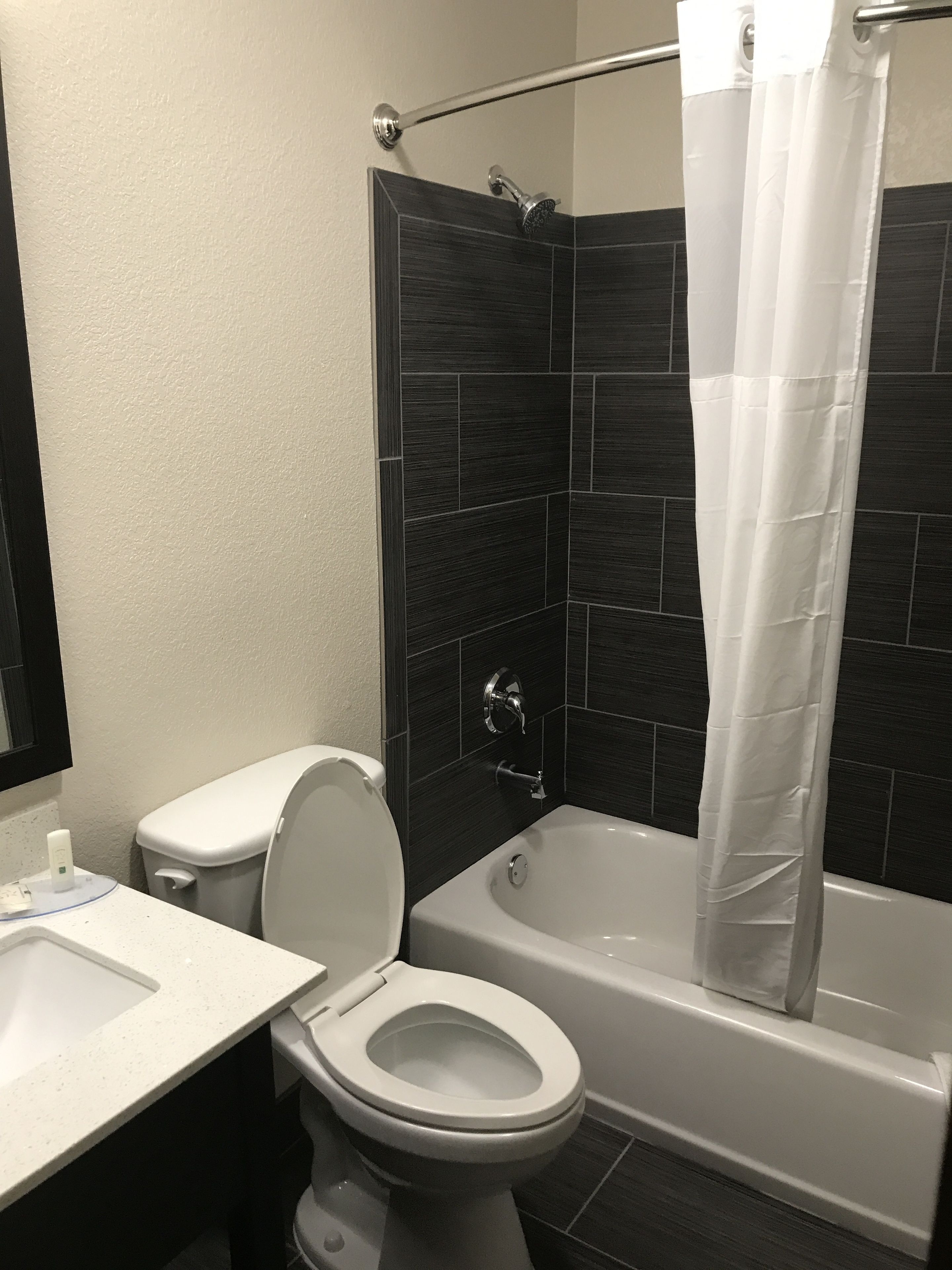 A bathroom with a white toilet, a bathtub, and a shower curtain.