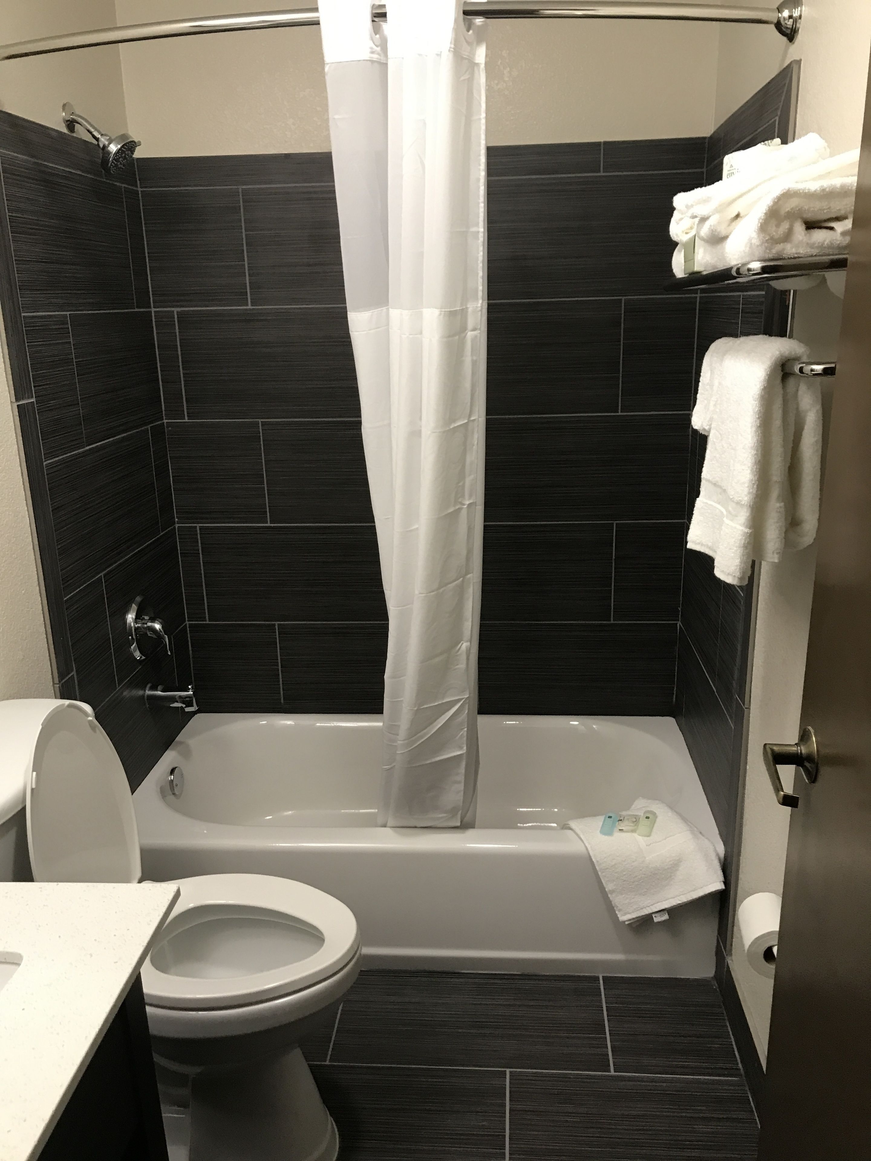 combined shower/bathtub, free toiletries, hair dryer, towels