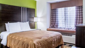 A hotel room with a large bed, a window with plaid curtains, a bedside table, and a wall with green and white panels.