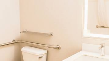 A bathroom with a toilet, a sink, a mirror, and a handrail.