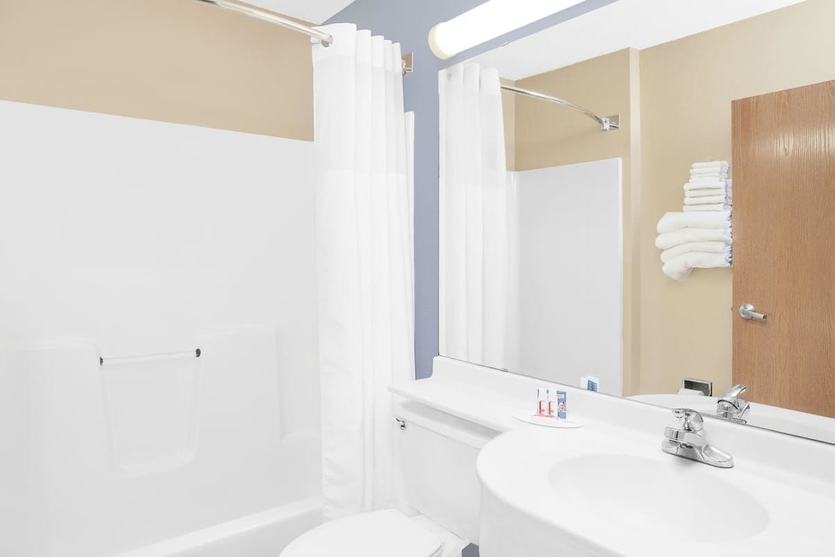 combined shower/bathtub, free toiletries, hair dryer, towels