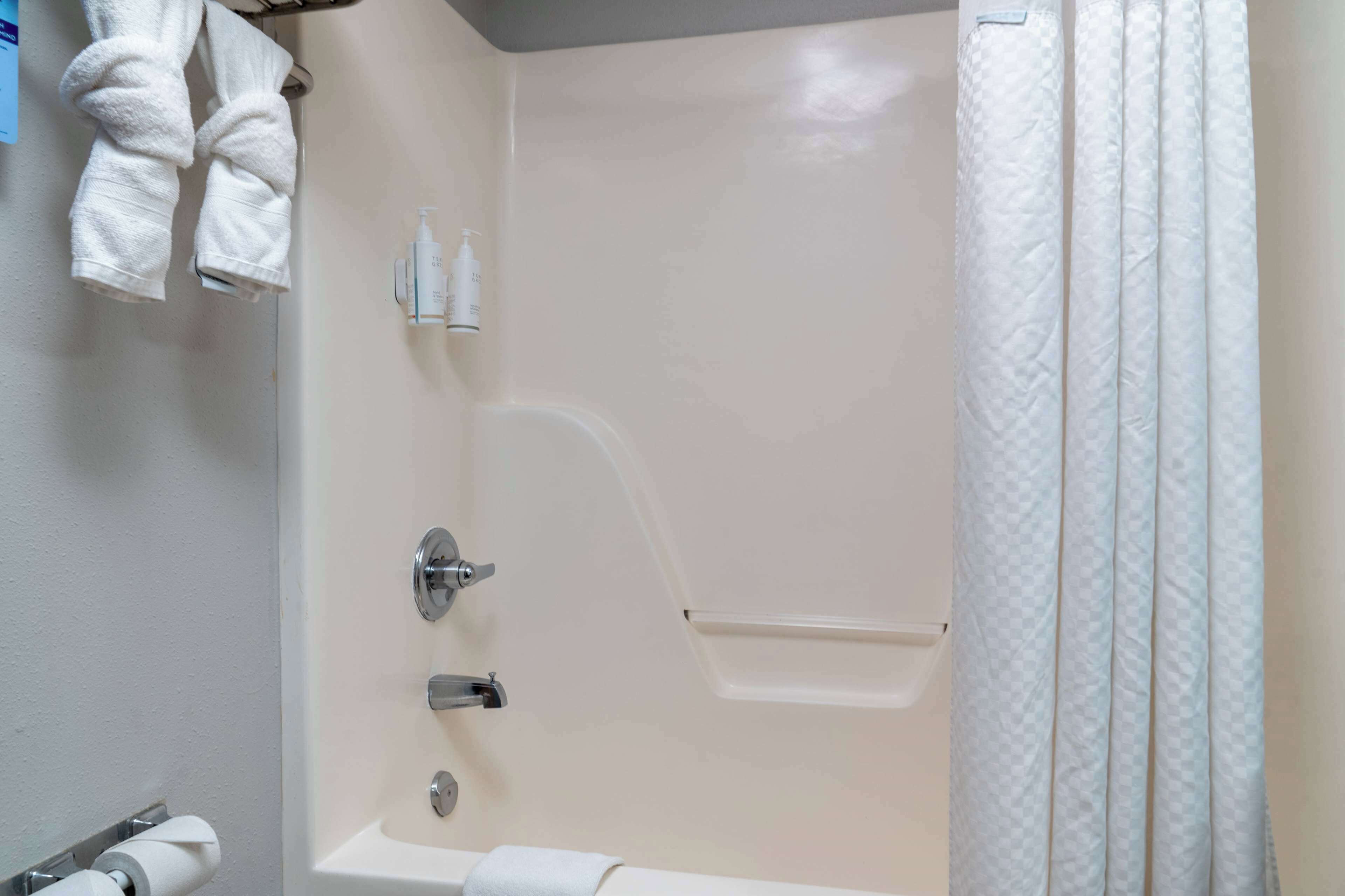 A bathroom with a bathtub, a toilet, and a shower curtain.