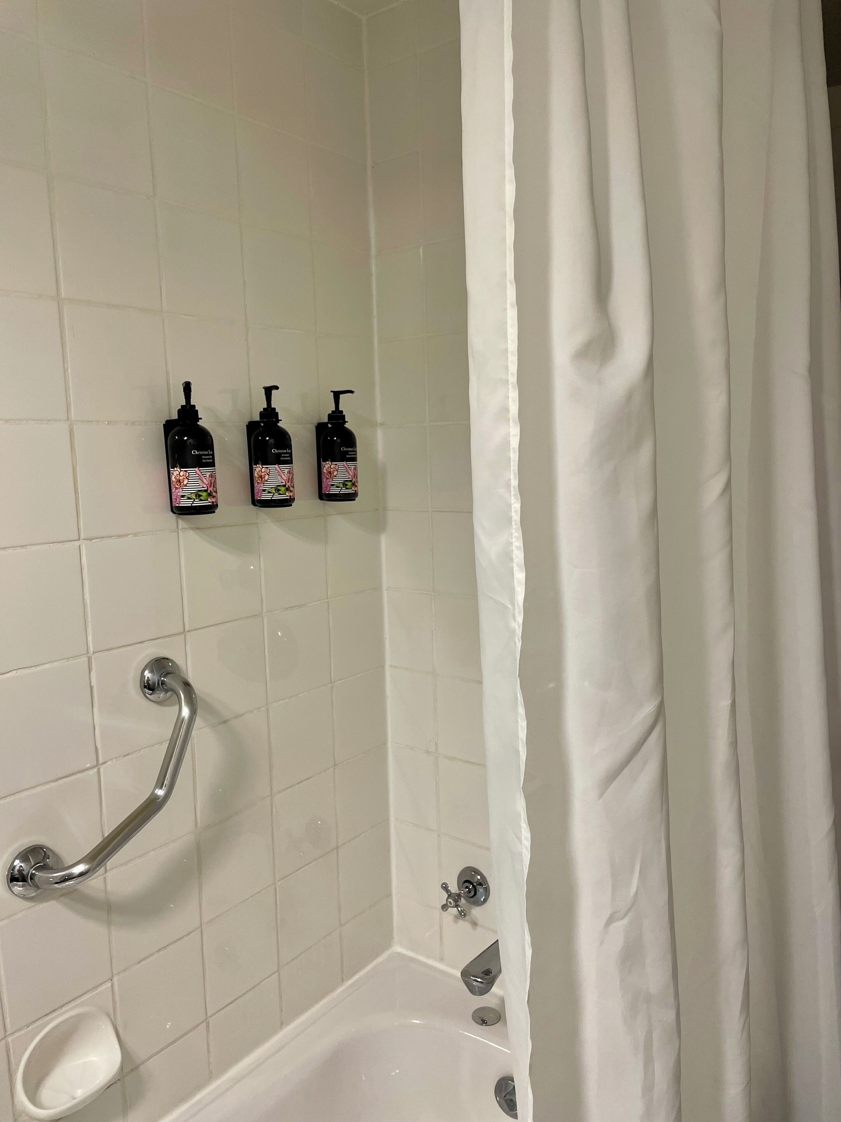 combined shower/bathtub, free toiletries, hair dryer, towels