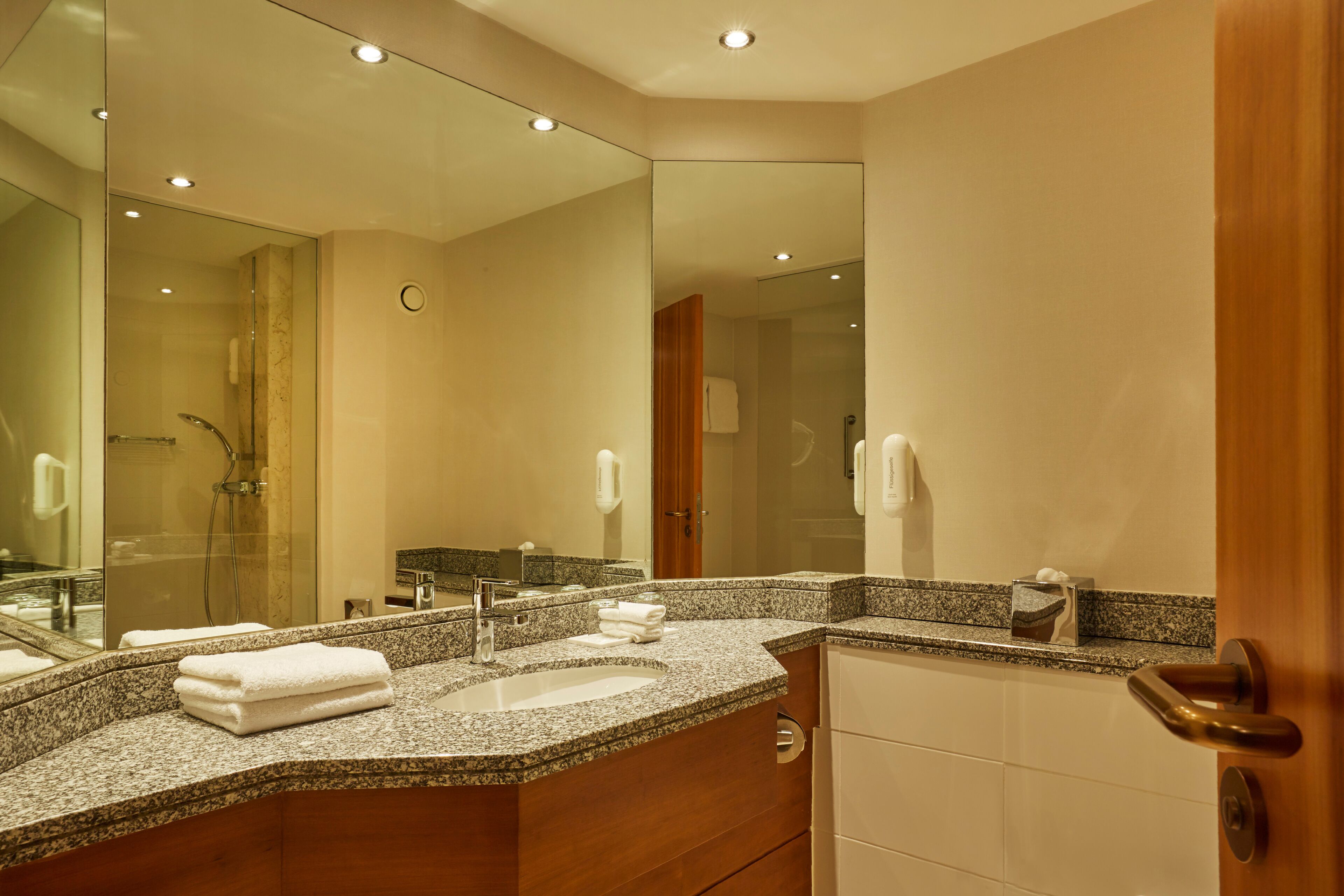 combined shower/bathtub, free toiletries, hair dryer, towels