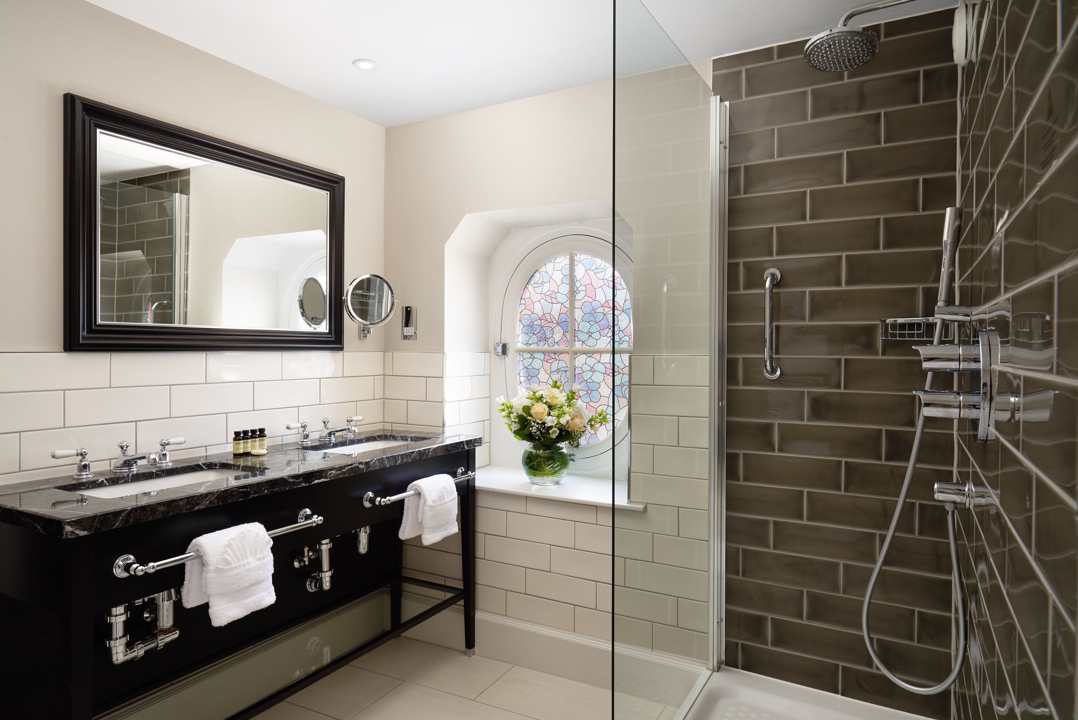 eco-friendly toiletries, hair dryer, towels