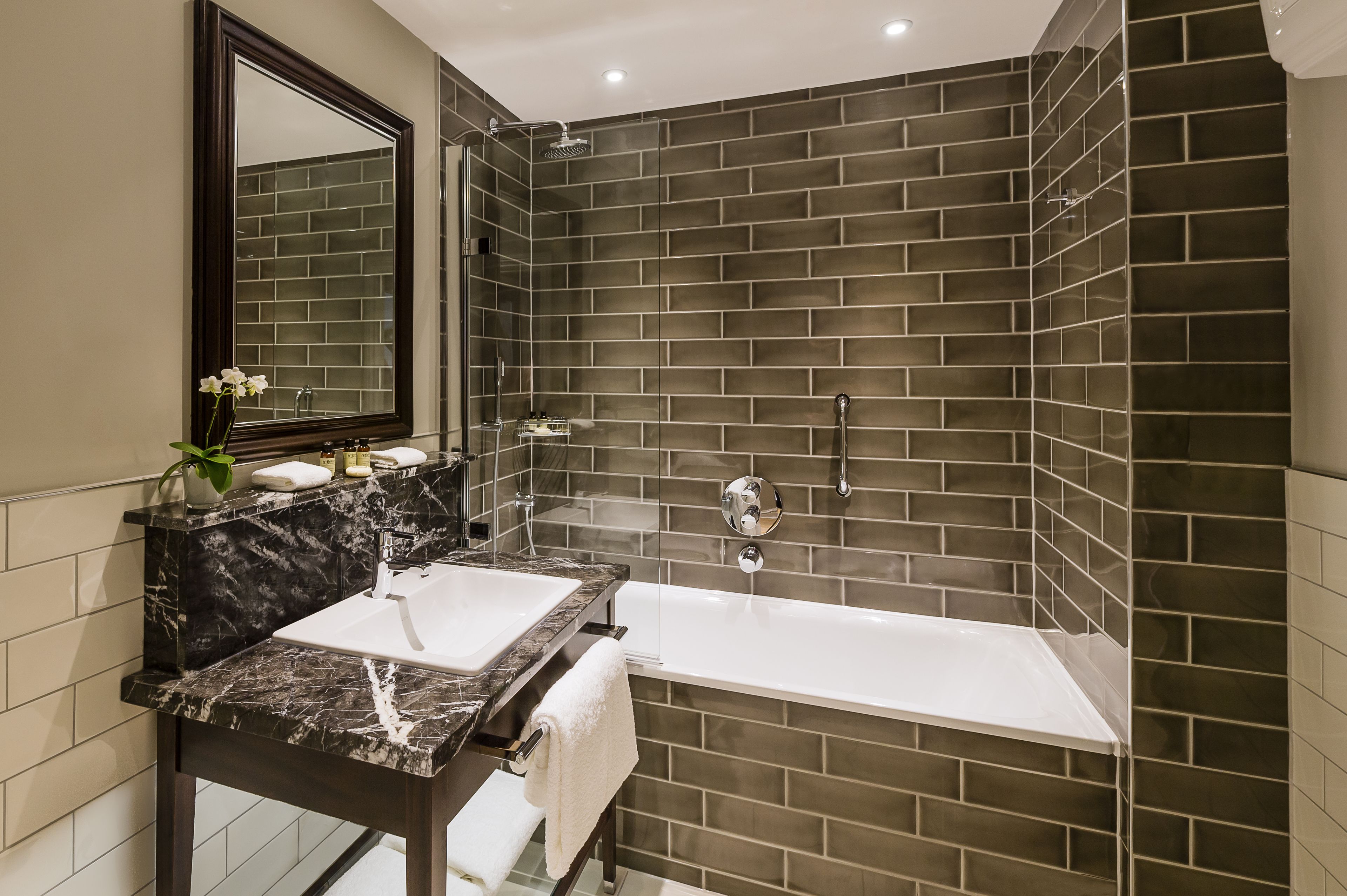 eco-friendly toiletries, hair dryer, towels