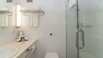 Shower, eco-friendly toiletries, hair dryer, towels