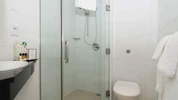 Shower, eco-friendly toiletries, hair dryer, towels