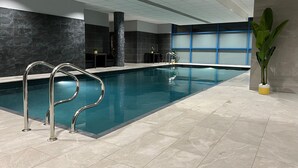 An indoor swimming pool with a clear view of the pool area, including the poolside and a potted plant near the pool.