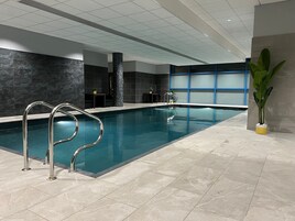 An indoor swimming pool with a clear view of the pool area, including the poolside and a potted plant near the pool.