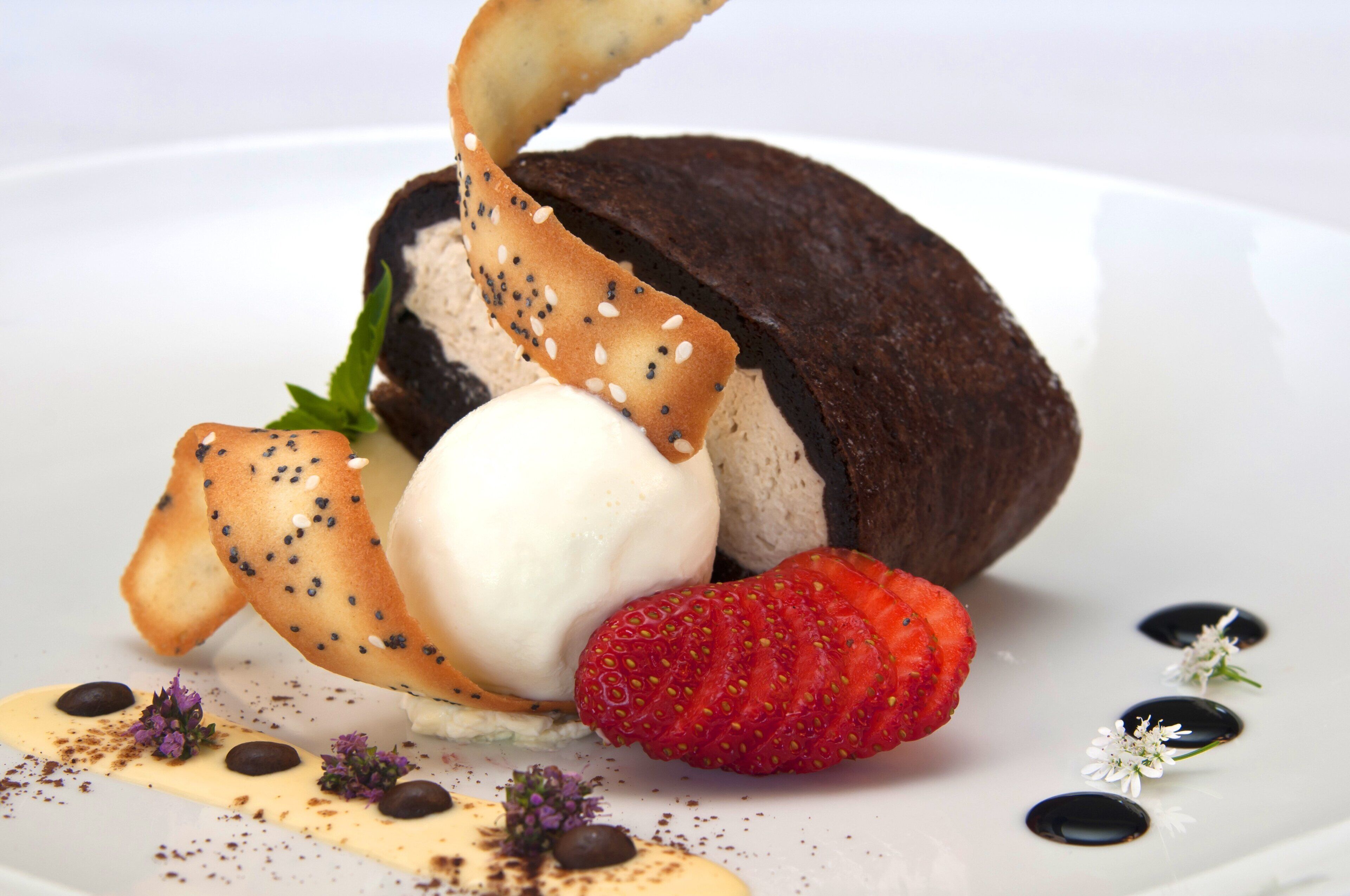 A dessert plate with chocolate, ice cream, and a strawberry.
