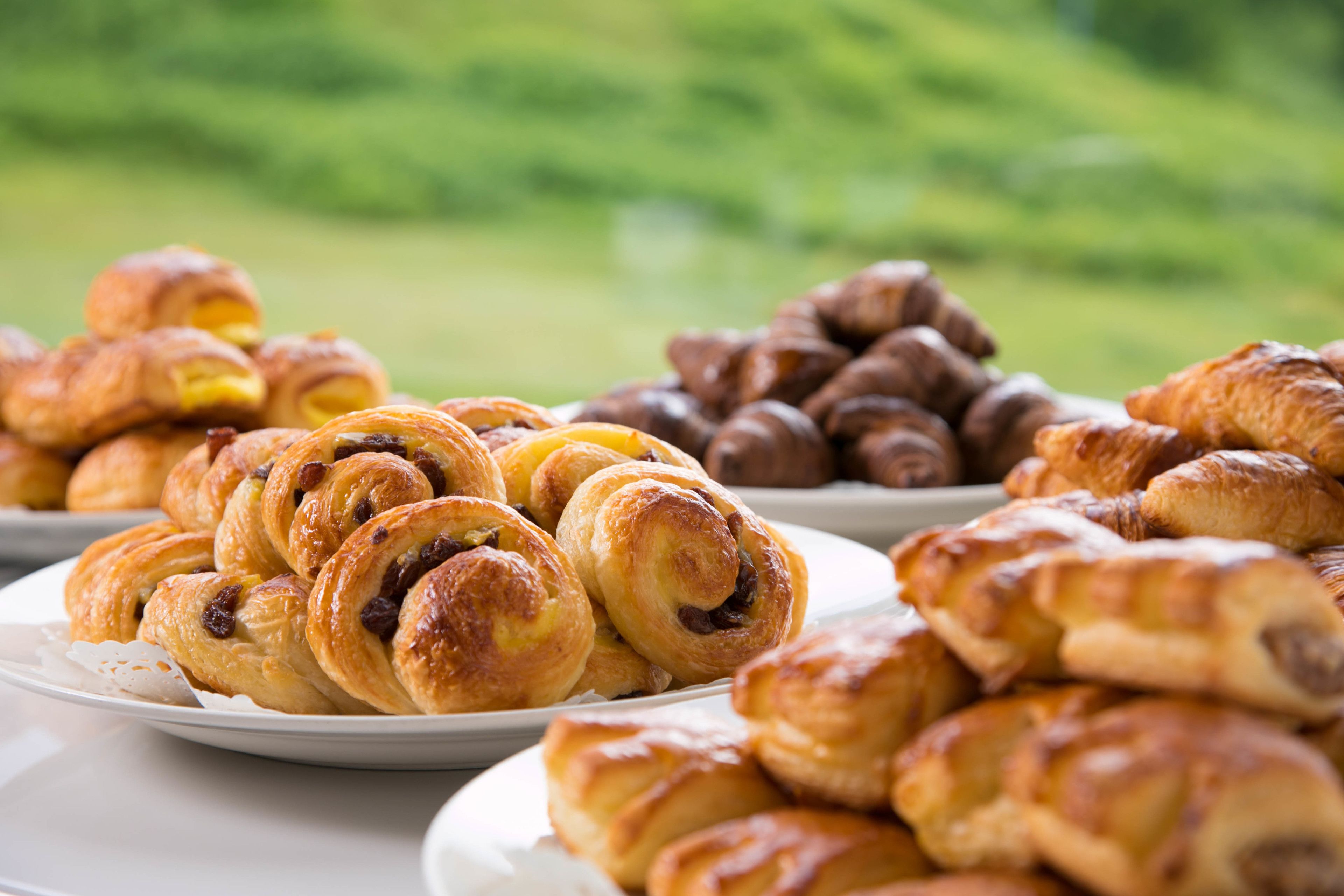 A variety of pastries on plates, including croissants and chocolate rolls, with a blurred green background.