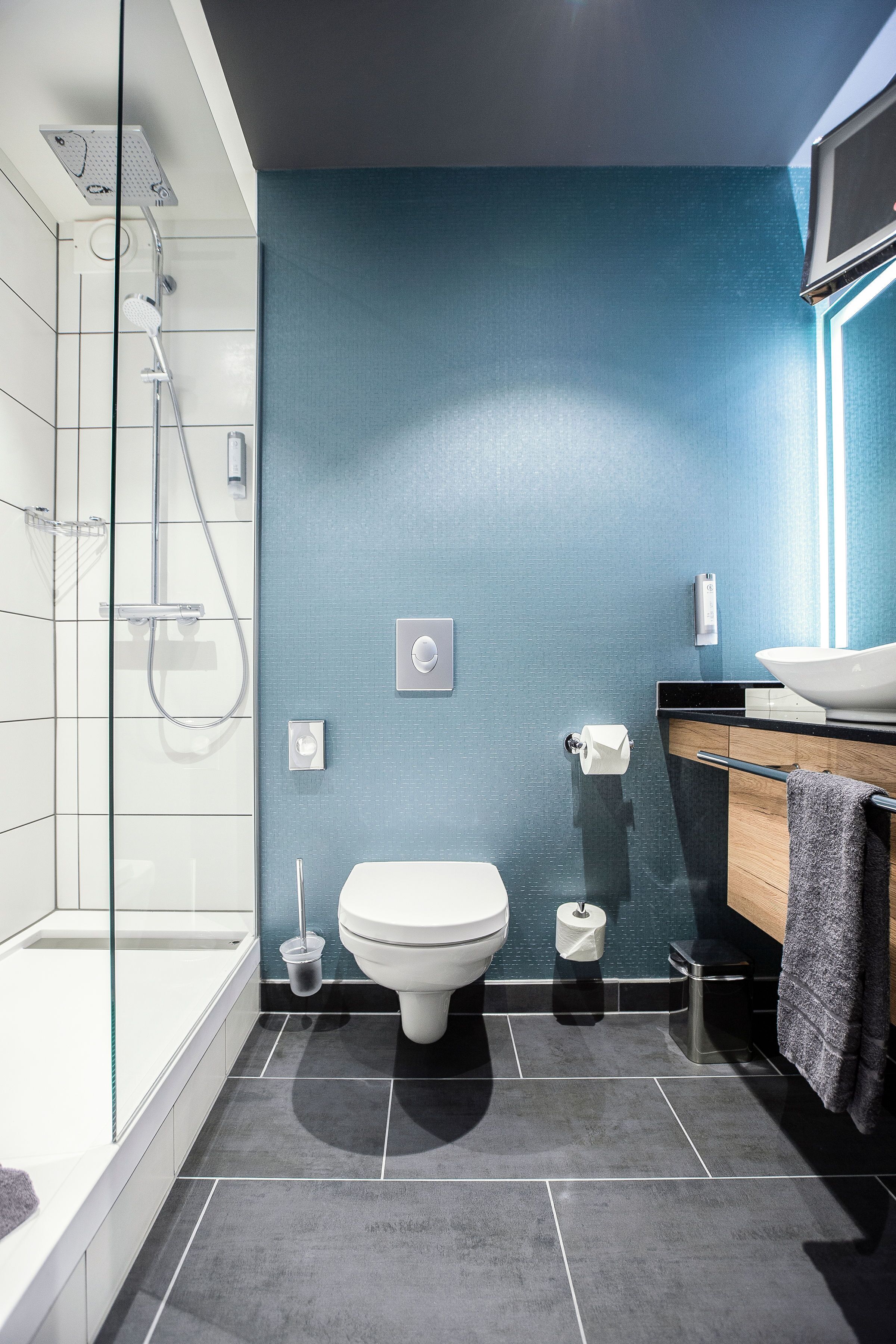 Bañera con ducha, secador de pelo, toallas