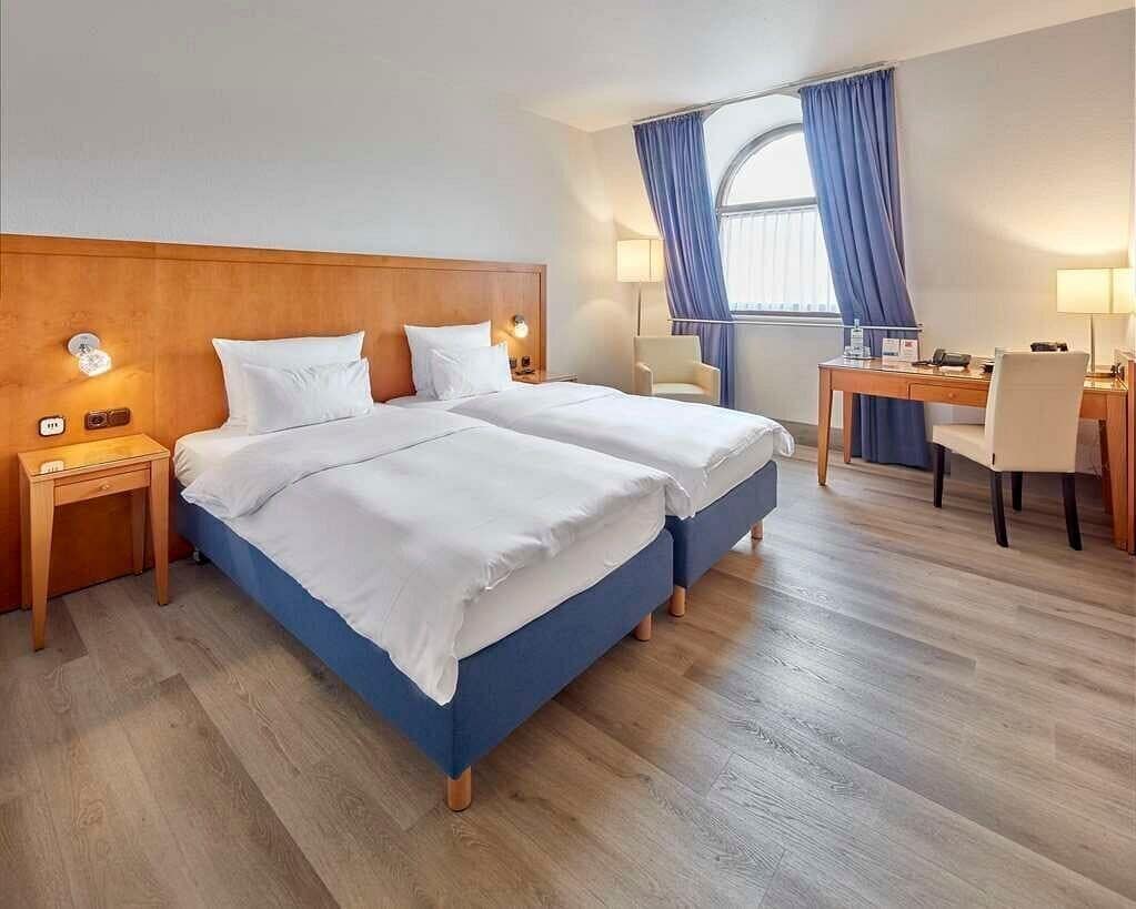 Hypo-allergenic bedding, desk, blackout curtains