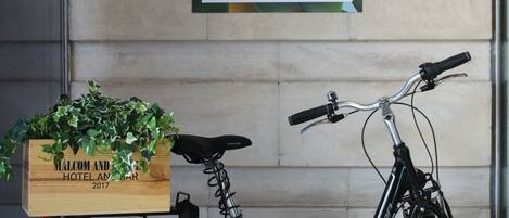 A bicycle rental sign and a wooden planter with greenery on a building wall.