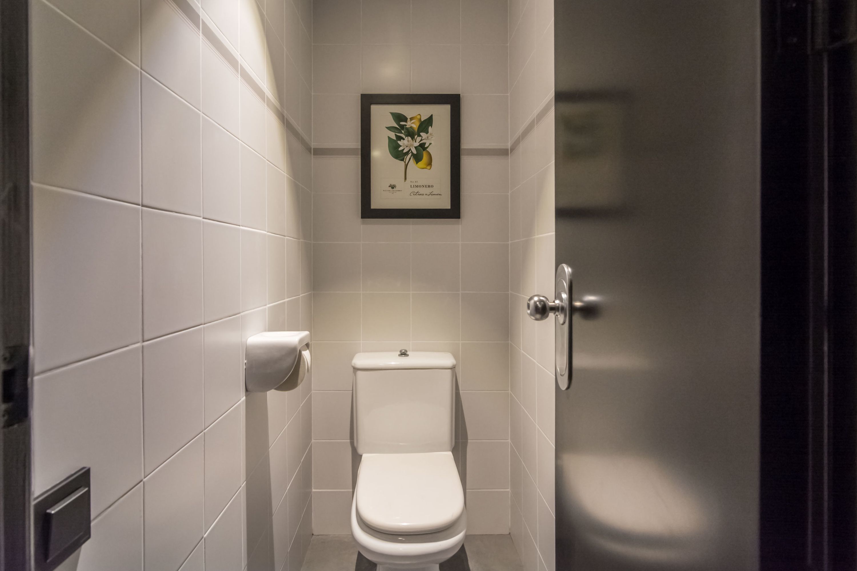 A small, modern bathroom with white tiles, a toilet, a framed botanical print on the wall, and a door to a shower area.