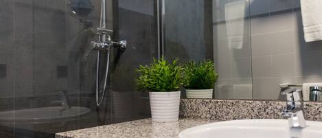 A modern bathroom with a glass-enclosed shower, a granite countertop, a white sink, and two potted plants.